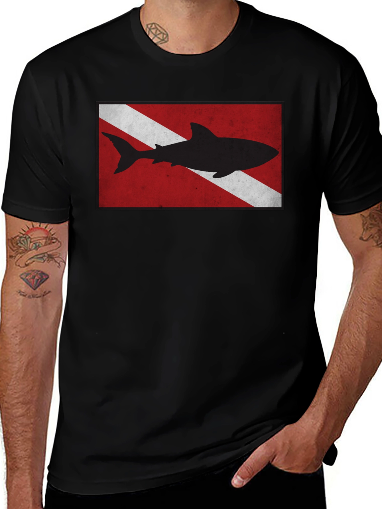 Variant 30 of Diver Down Flag Shark Graphic Tee - Black