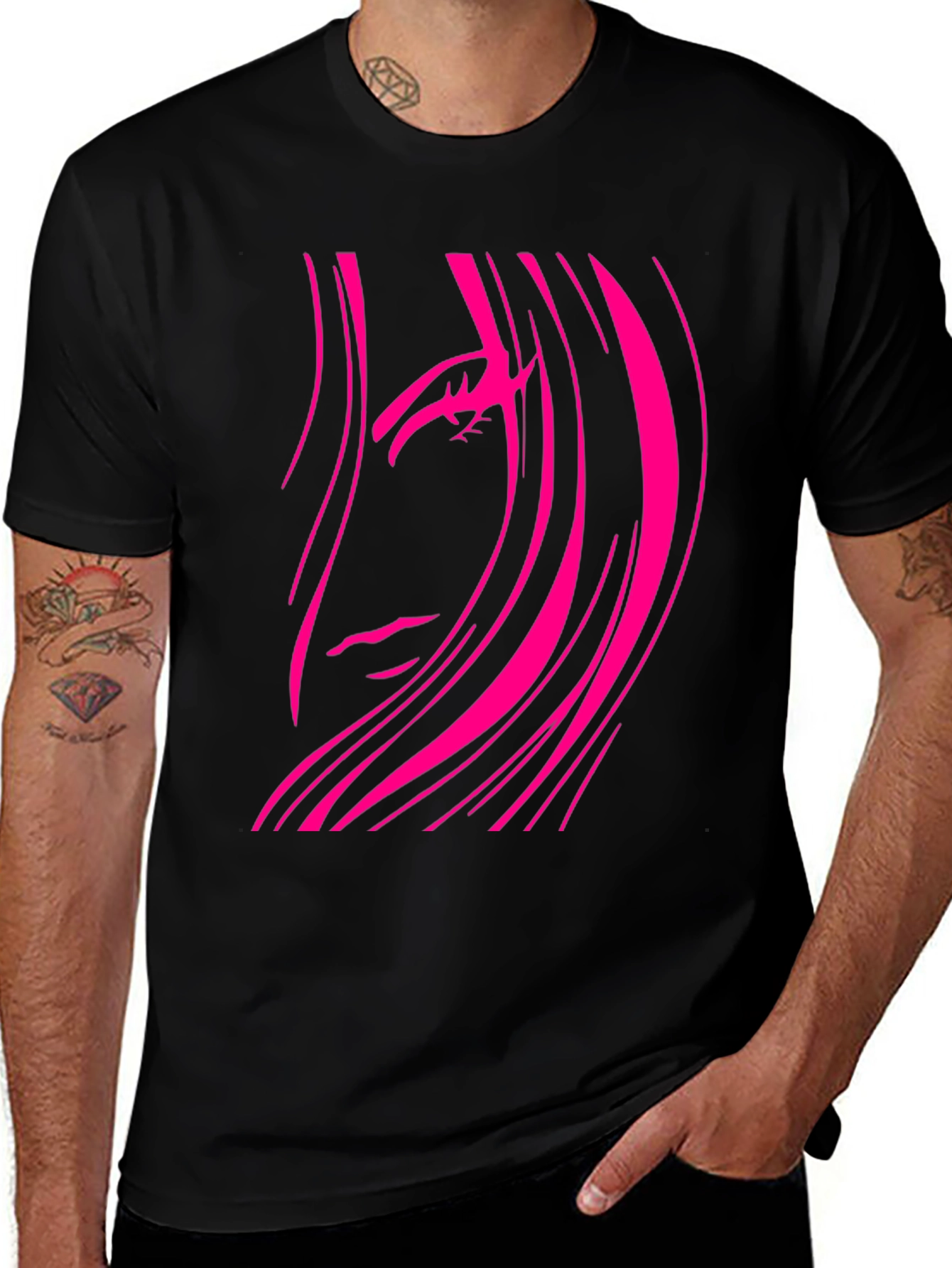 Variant 4 of Black T-Shirt with Abstract Pink Haired Face