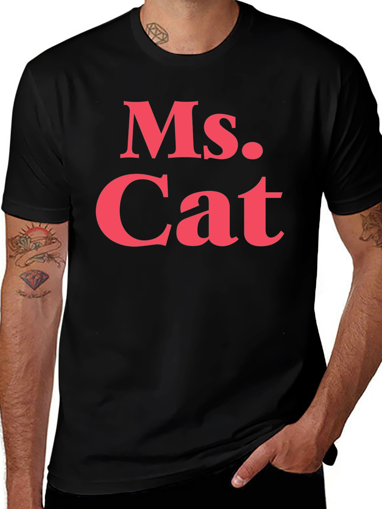 Variant 22 of Ms. Cat T-Shirt - Bold Pink Text on Black