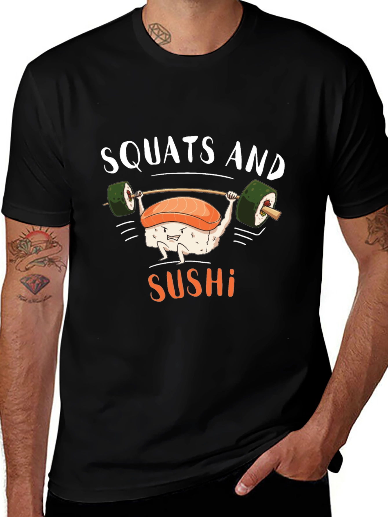 Variant 12 of Squats and Sushi Funny Workout T-Shirt