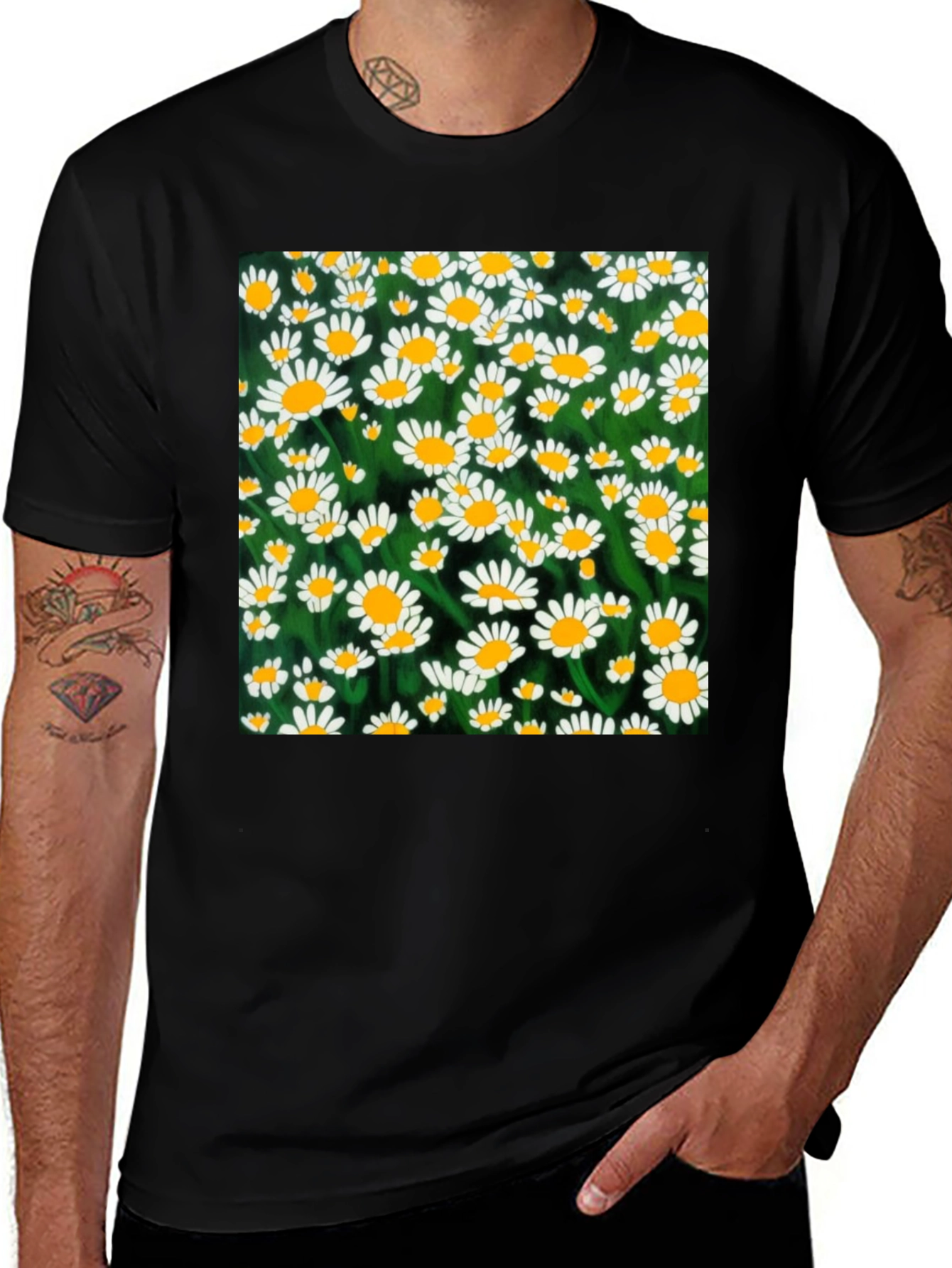 Variant 9 of Daisy Flower Print Black T-Shirt