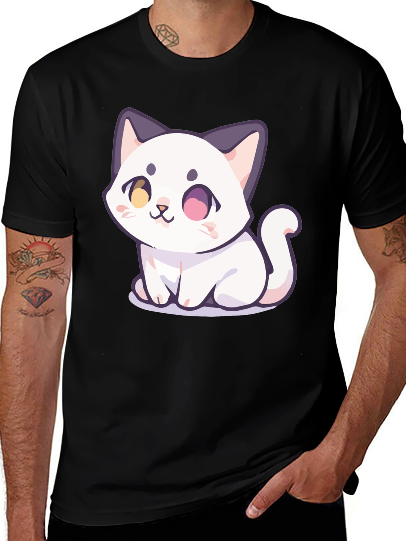 Variant 14 of Cute Cartoon Cat Graphic T-Shirt - Black