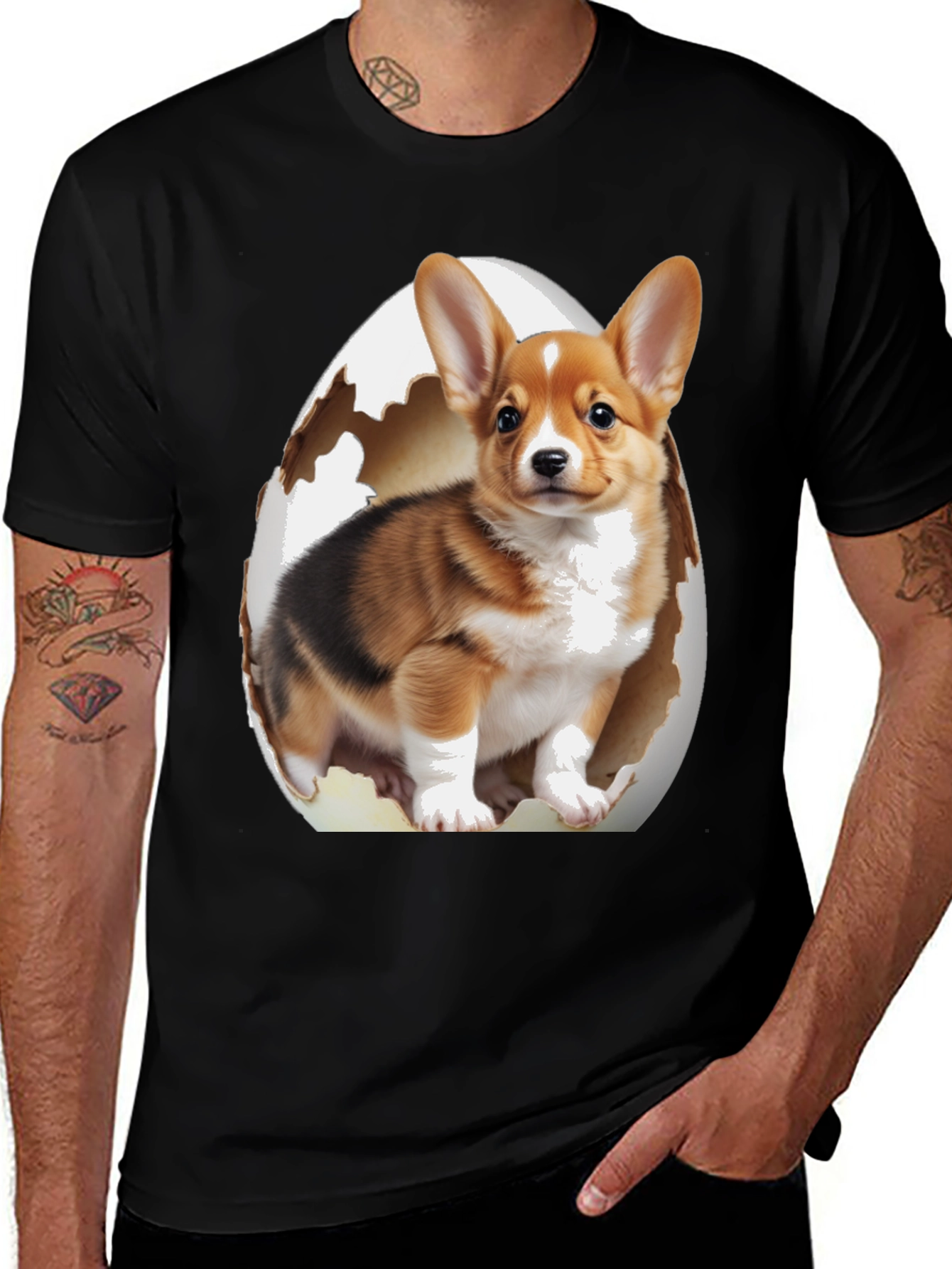 Variant 25 of Corgi Puppy Egg T-Shirt - Black Cotton Blend
