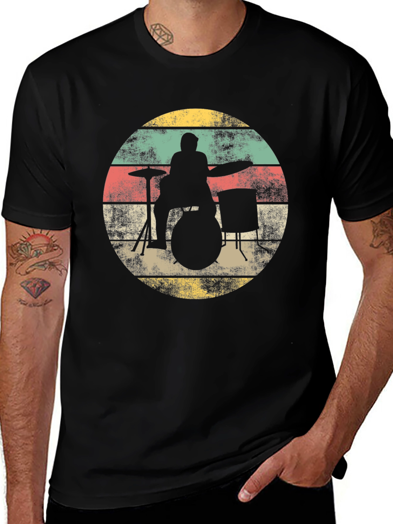 Variant 22 of Retro Drummer Silhouette Tee - Music Lover's Black T-Shirt