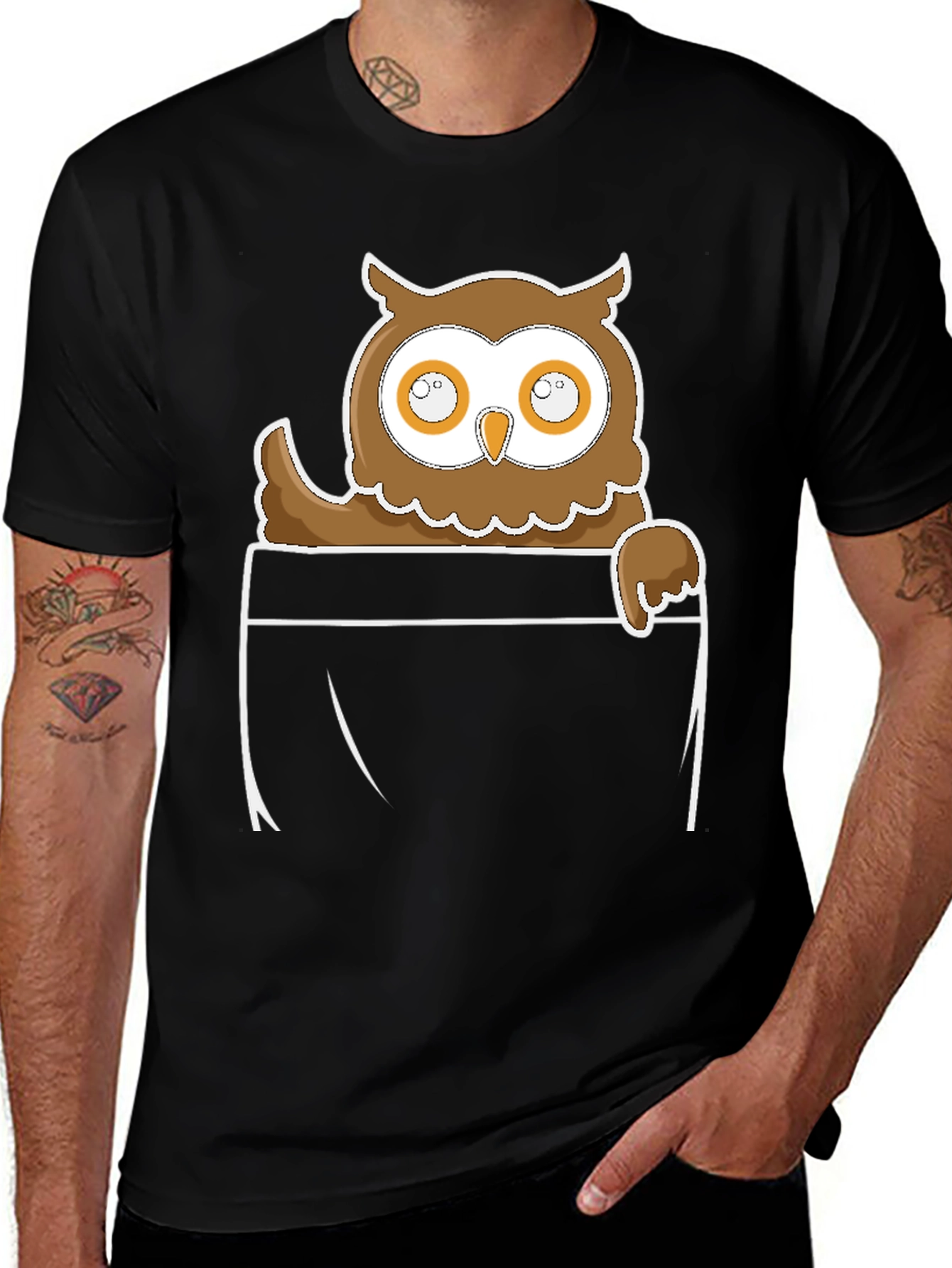 Variant 20 of Owl in Pocket Graphic Tee - Black Cotton Blend