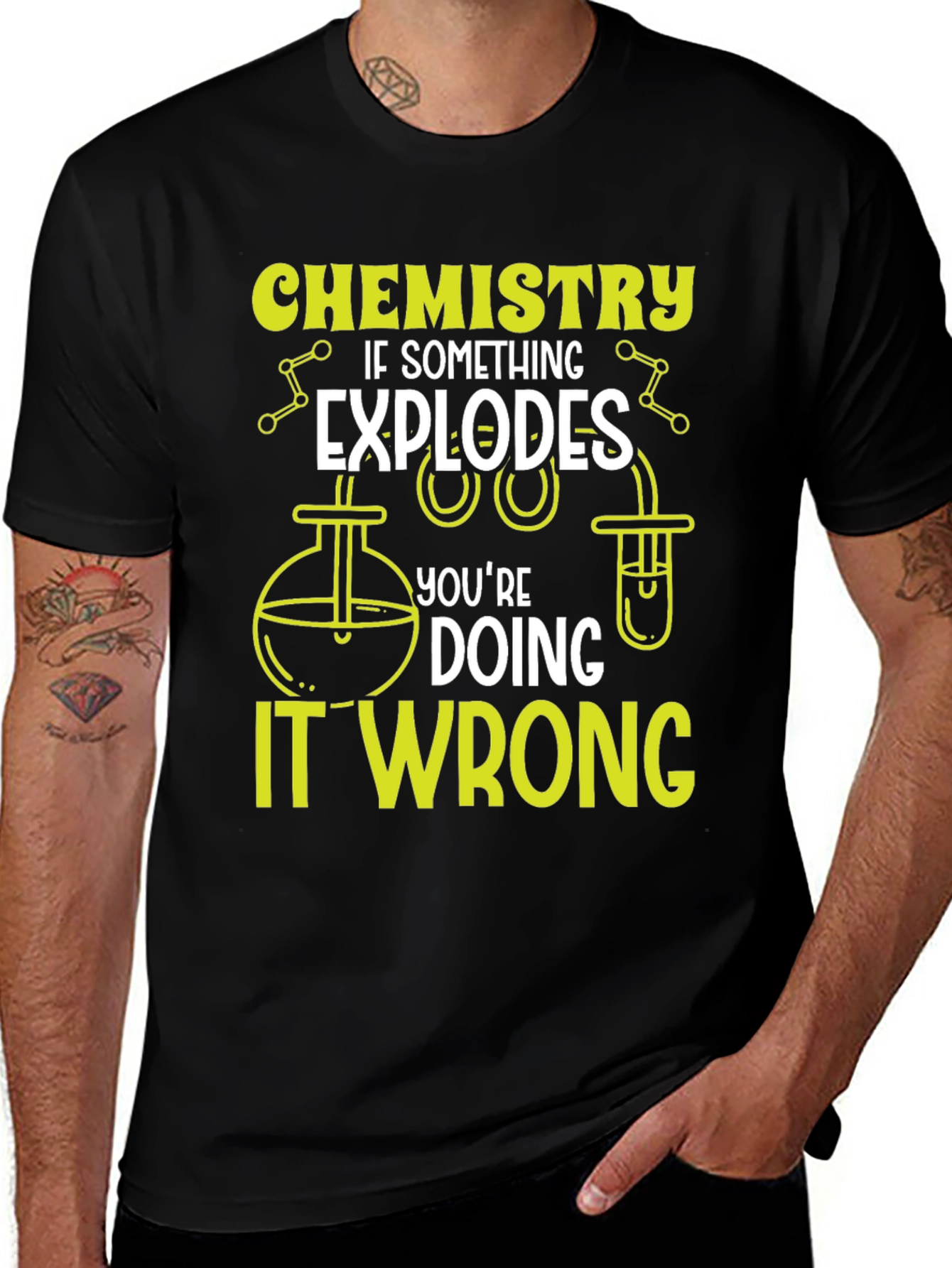 Variant 23 of Chemistry Humor Black T-Shirt - Explosions are Wrong!