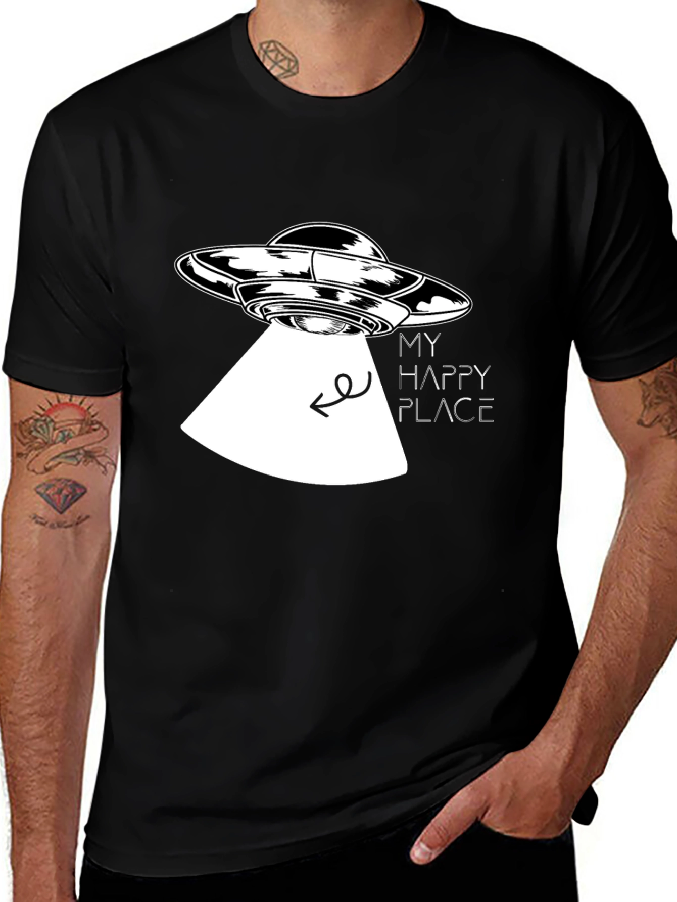 My Happy Place Alien UFO Graphic Tee - Black Cotton Blend T-Shirt