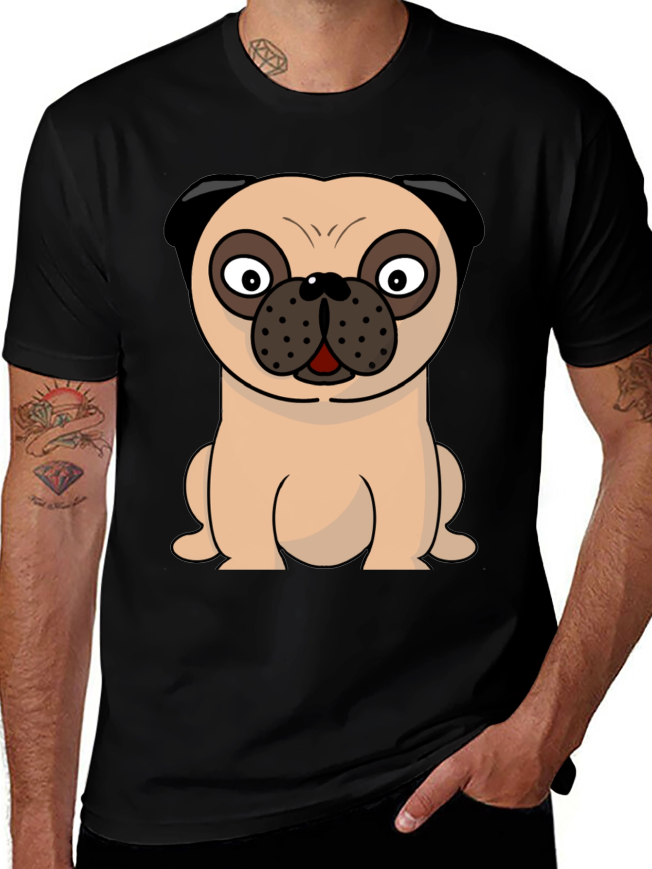 Variant 27 of Cartoon Pug Graphic Tee - Men's Black T-Shirt