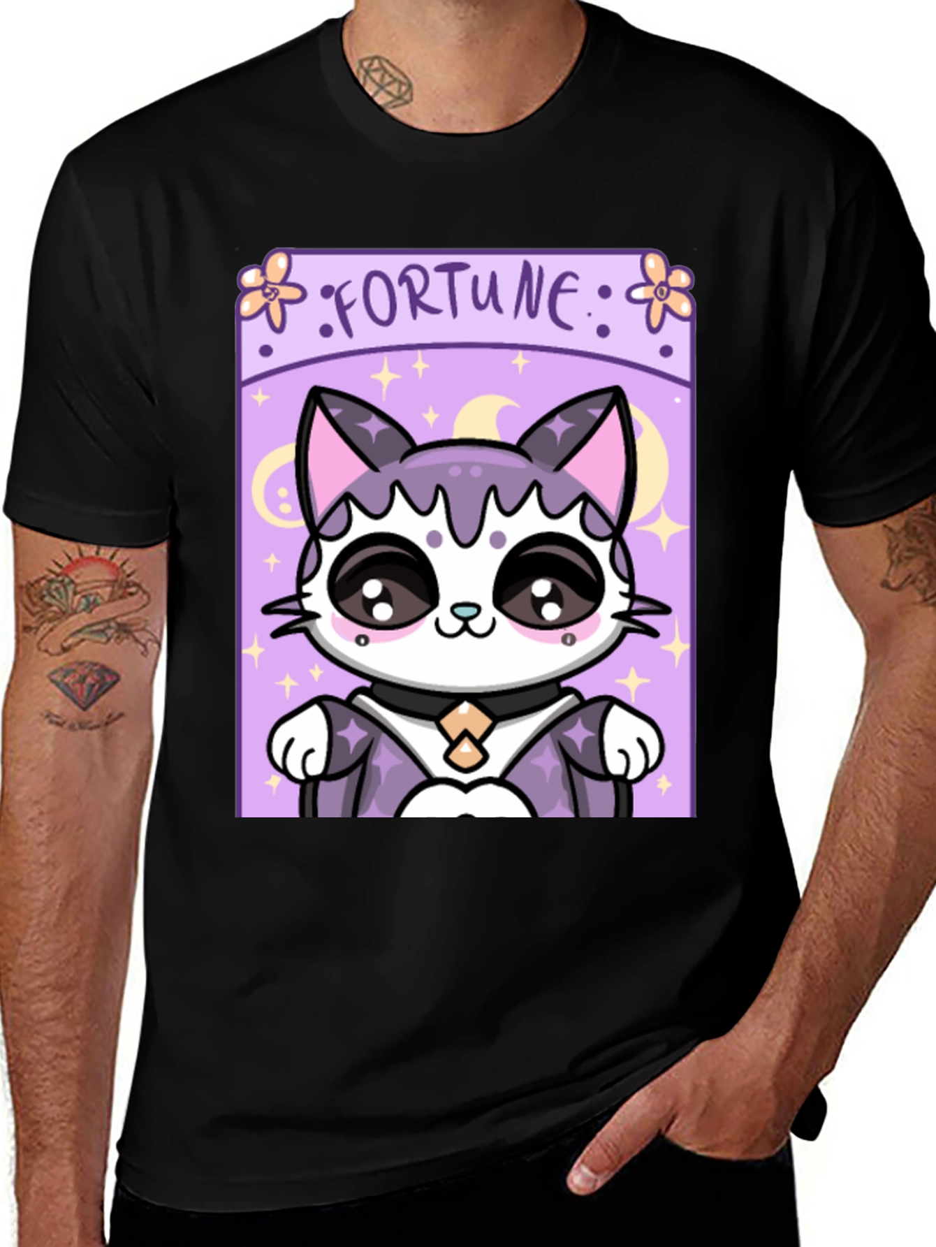 Variant 5 of Fortune Cat Tarot Card Black T-Shirt
