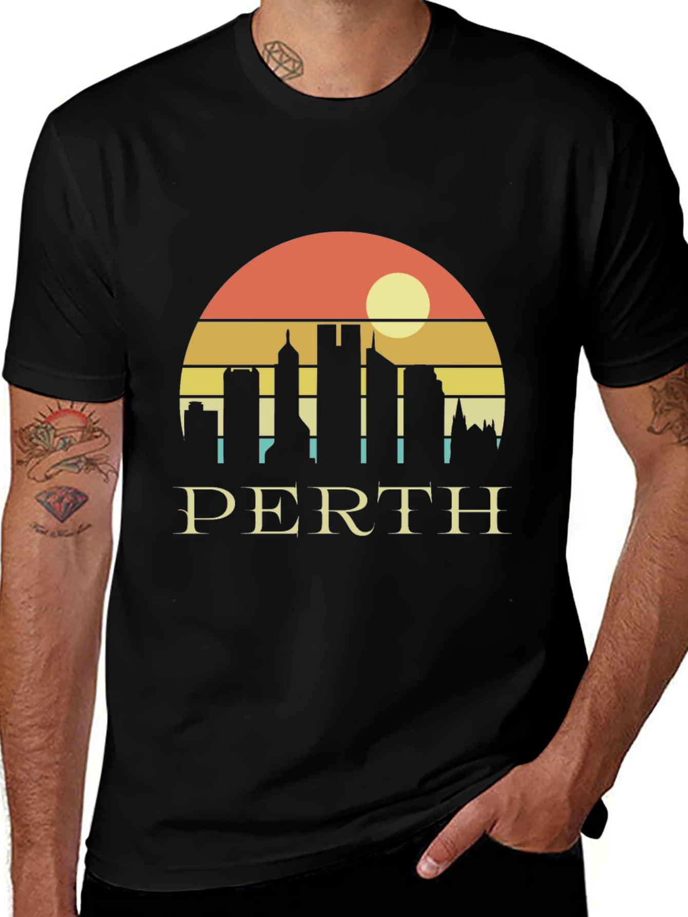 Perth Skyline Graphic Tee - Retro Sunset Black T-Shirt