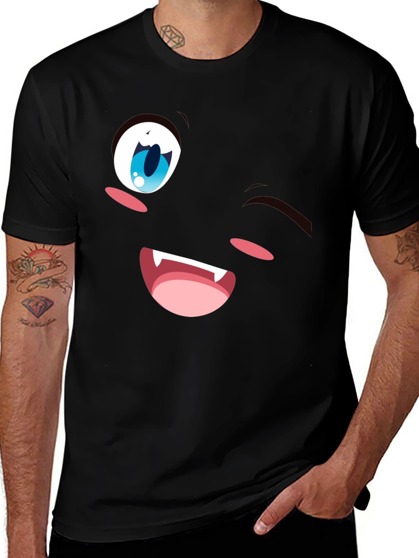 Winking Anime Face Black T-Shirt