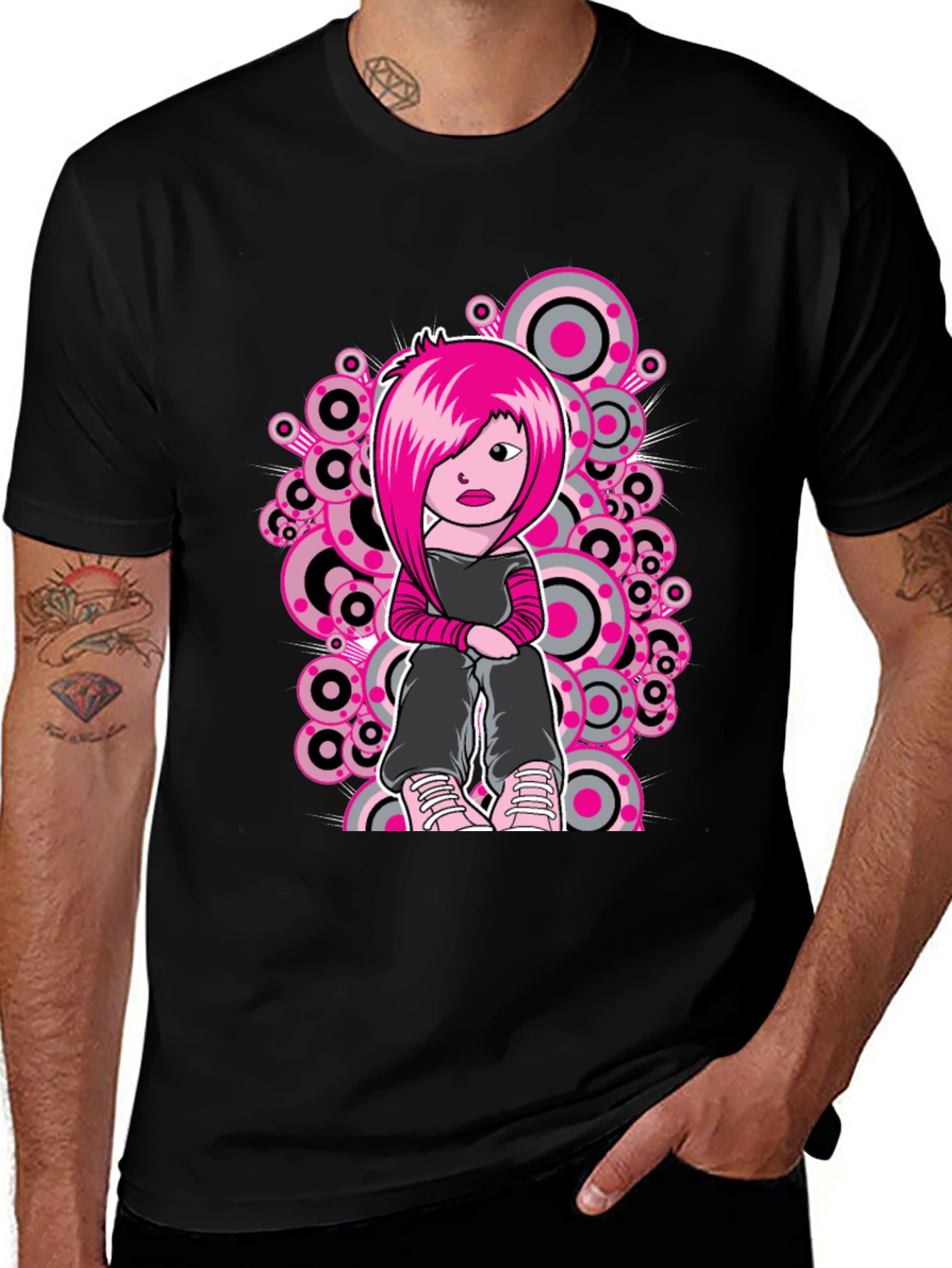 Variant 3 of Pink-Haired Cartoon Graphic Black T-Shirt
