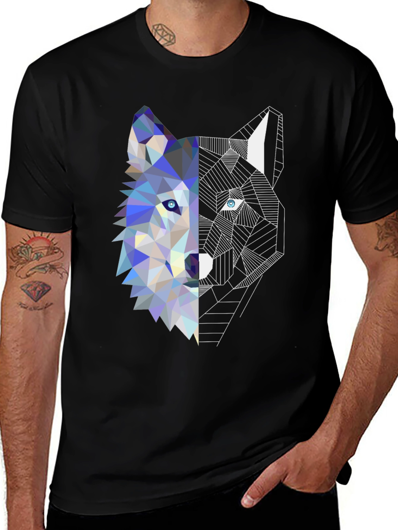 Black Geometric Wolf Graphic Tee - Modern Art Shirt main image