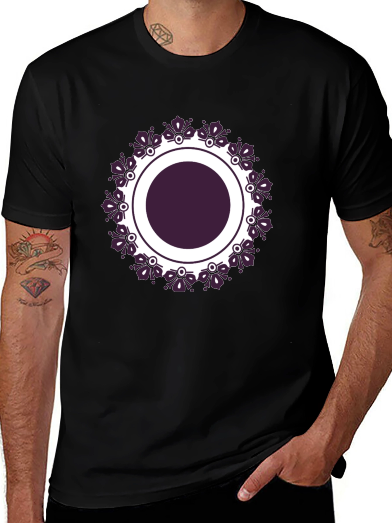 Black Tee with Purple Floral Mandala Design