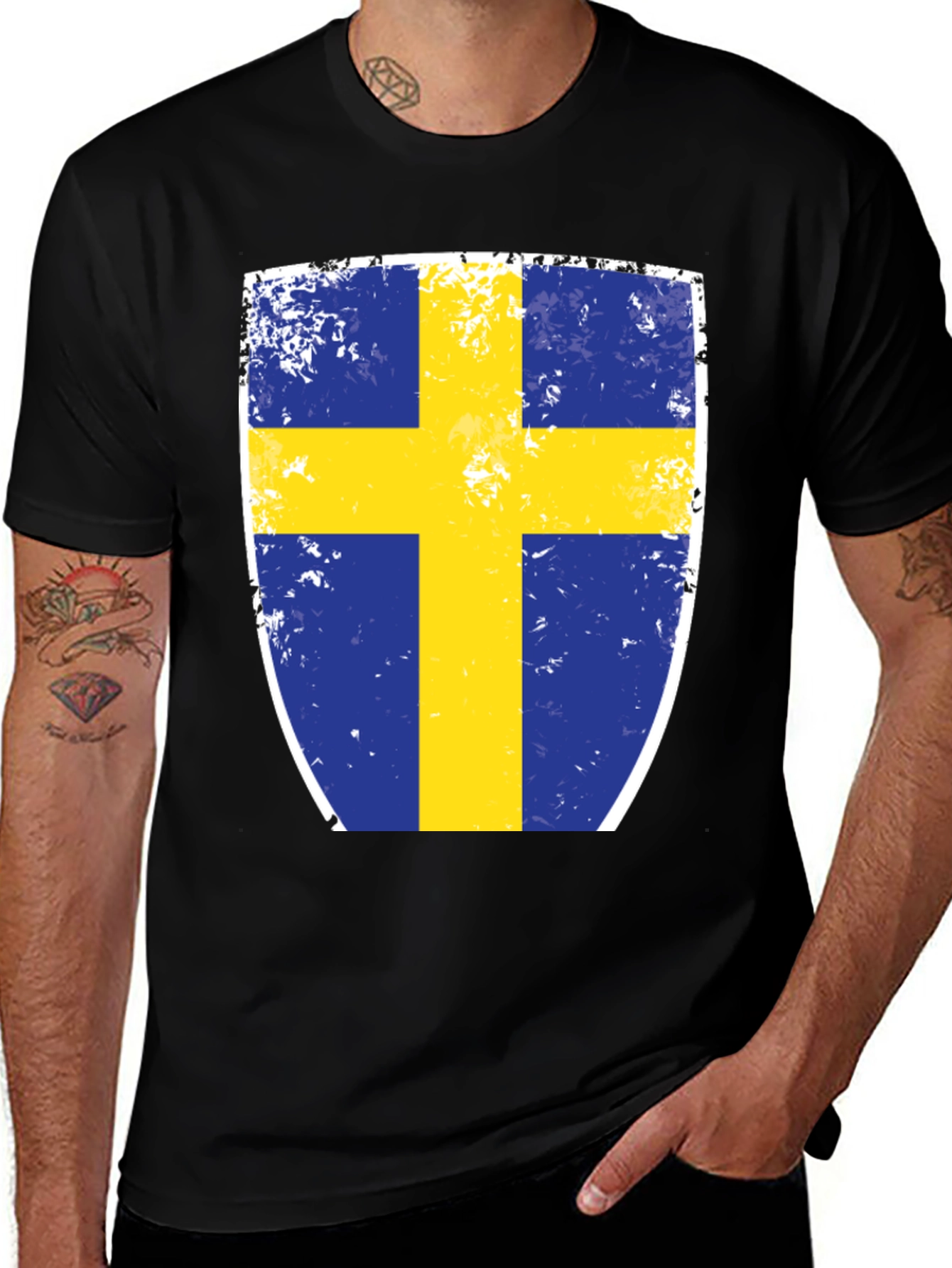 Variant 23 of Sweden Flag Shield Graphic Tee - Distressed Look