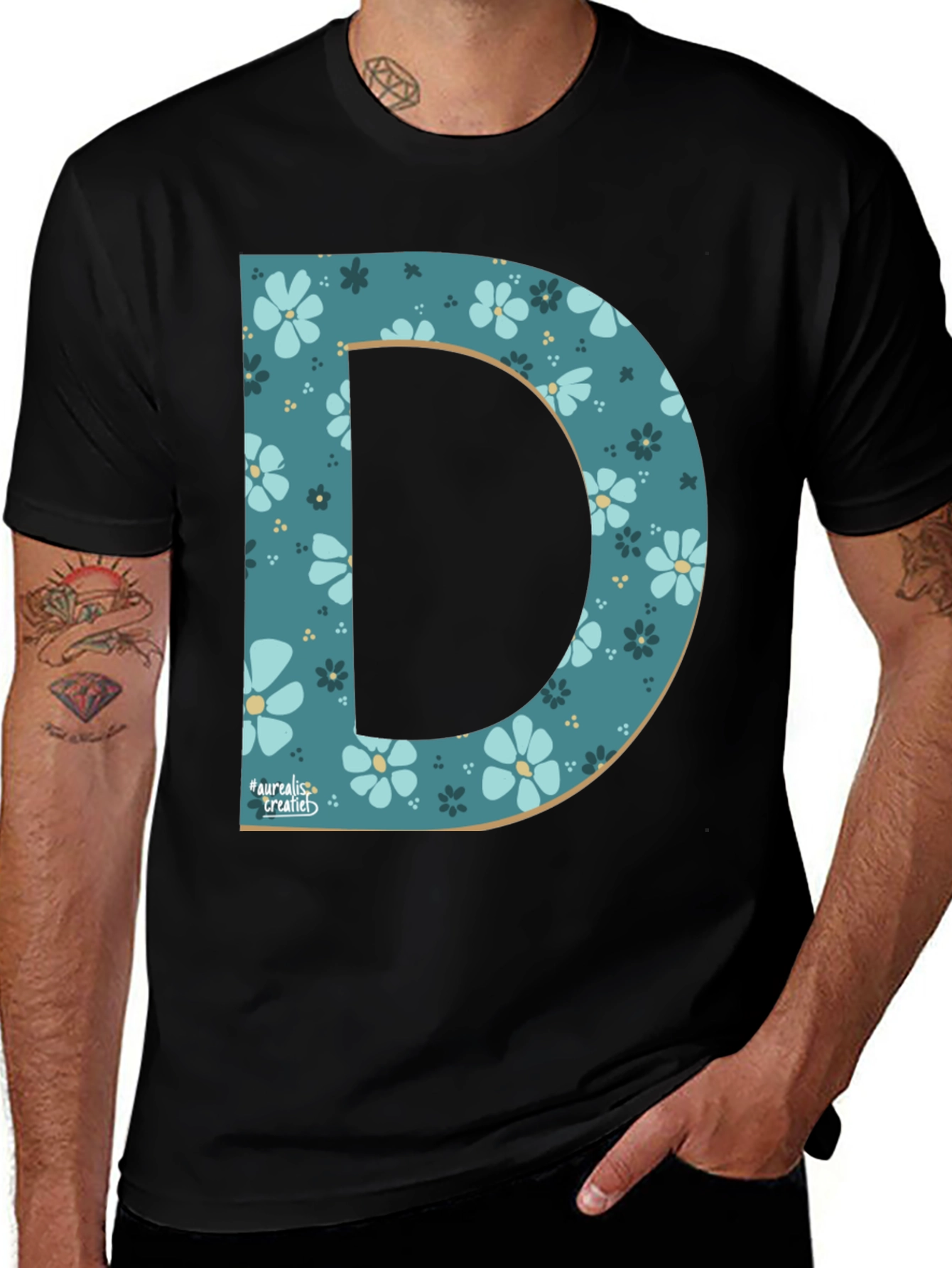 Variant 9 of Floral Letter D Black T-Shirt