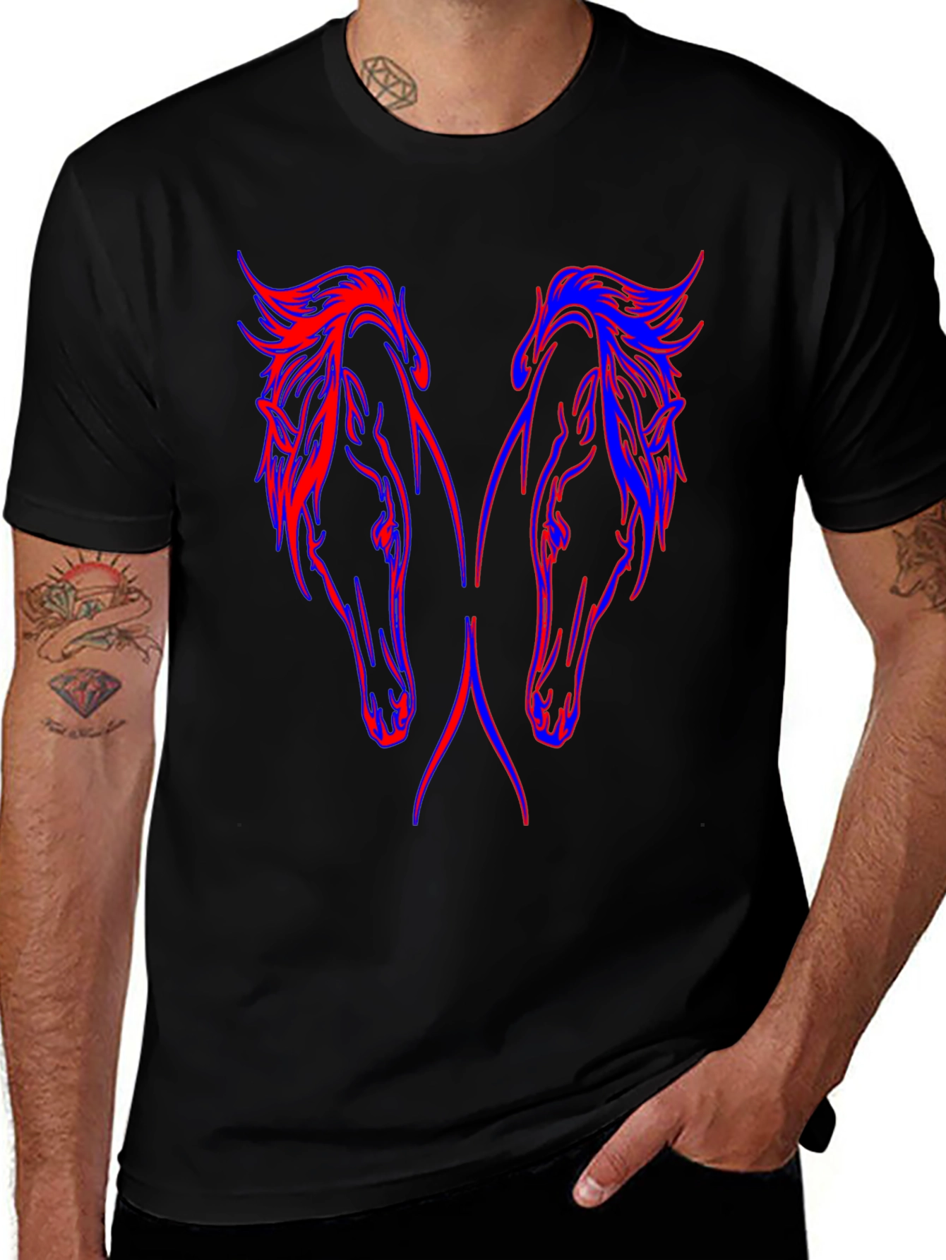 Neon Horse Head Graphic Black T-Shirt