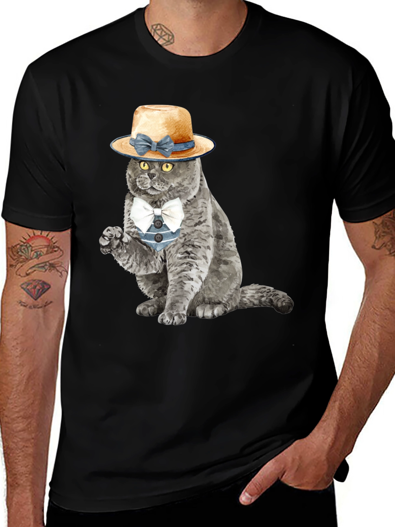 Variant 25 of Dapper Cat T-Shirt - Whimsical Feline in Hat & Bowtie