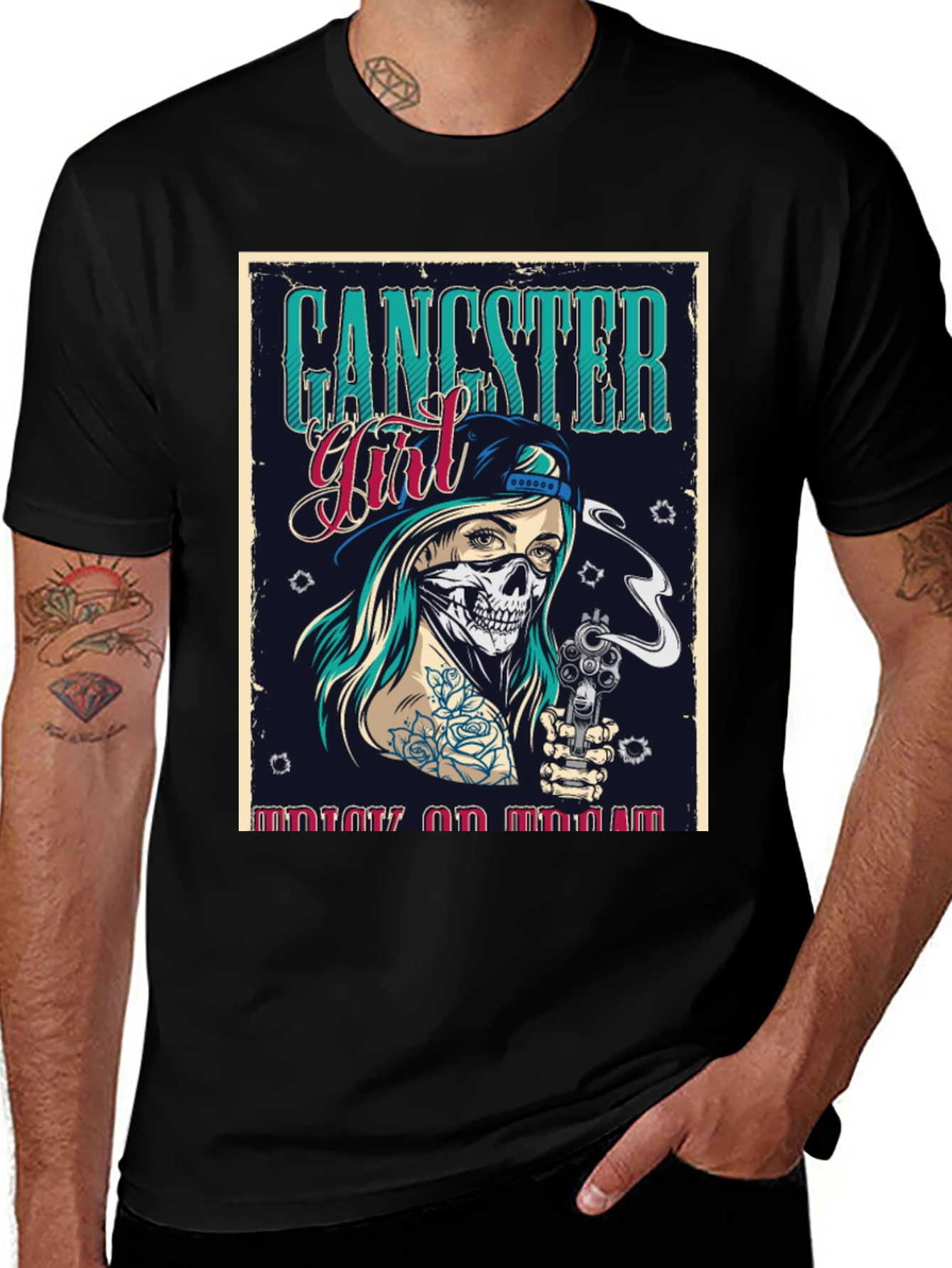 Variant 27 of Gangster Girl T-Shirt - Skull Mask & Gun Design