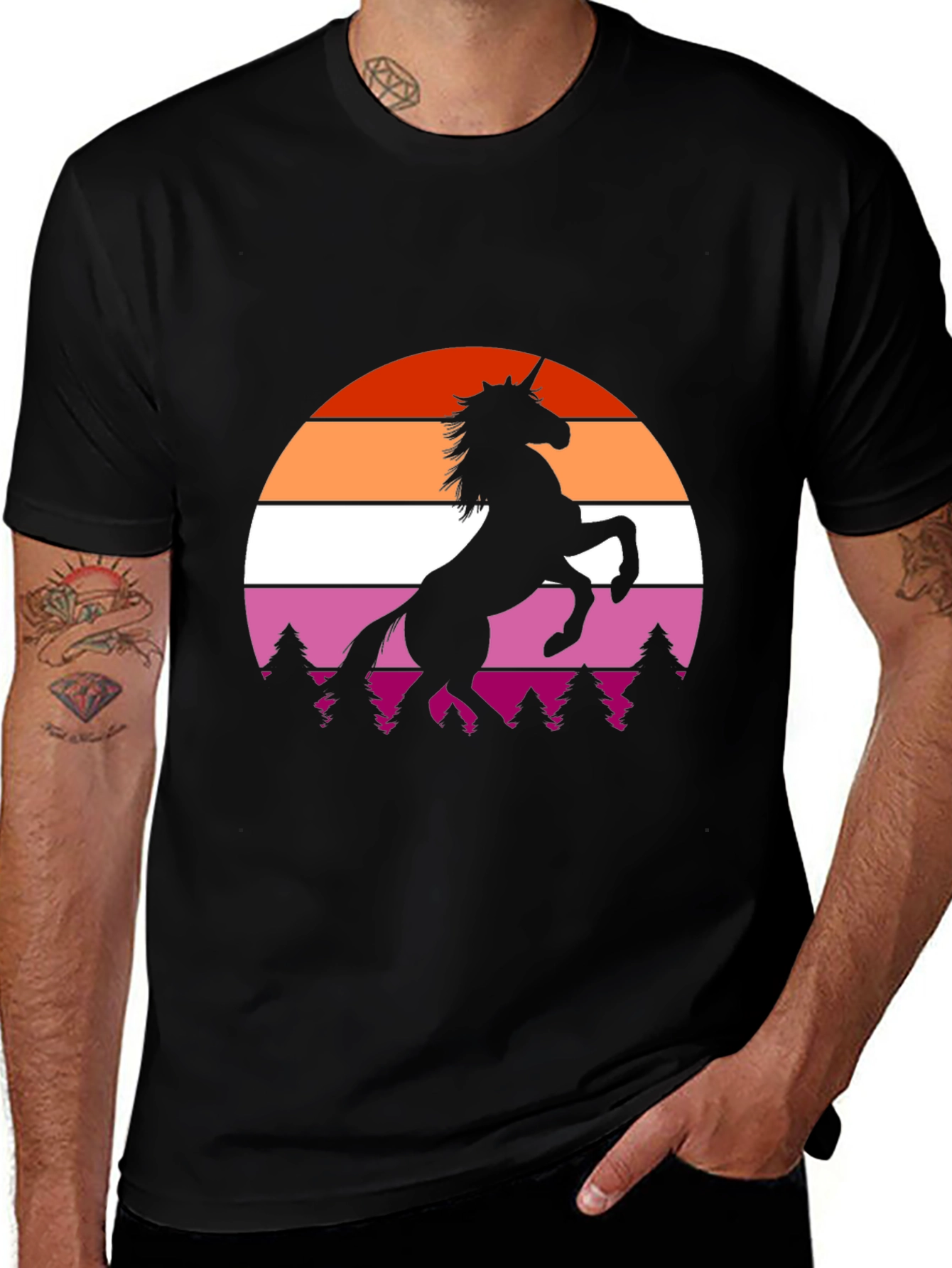 Lesbian Pride Sunset Unicorn Black T-Shirt