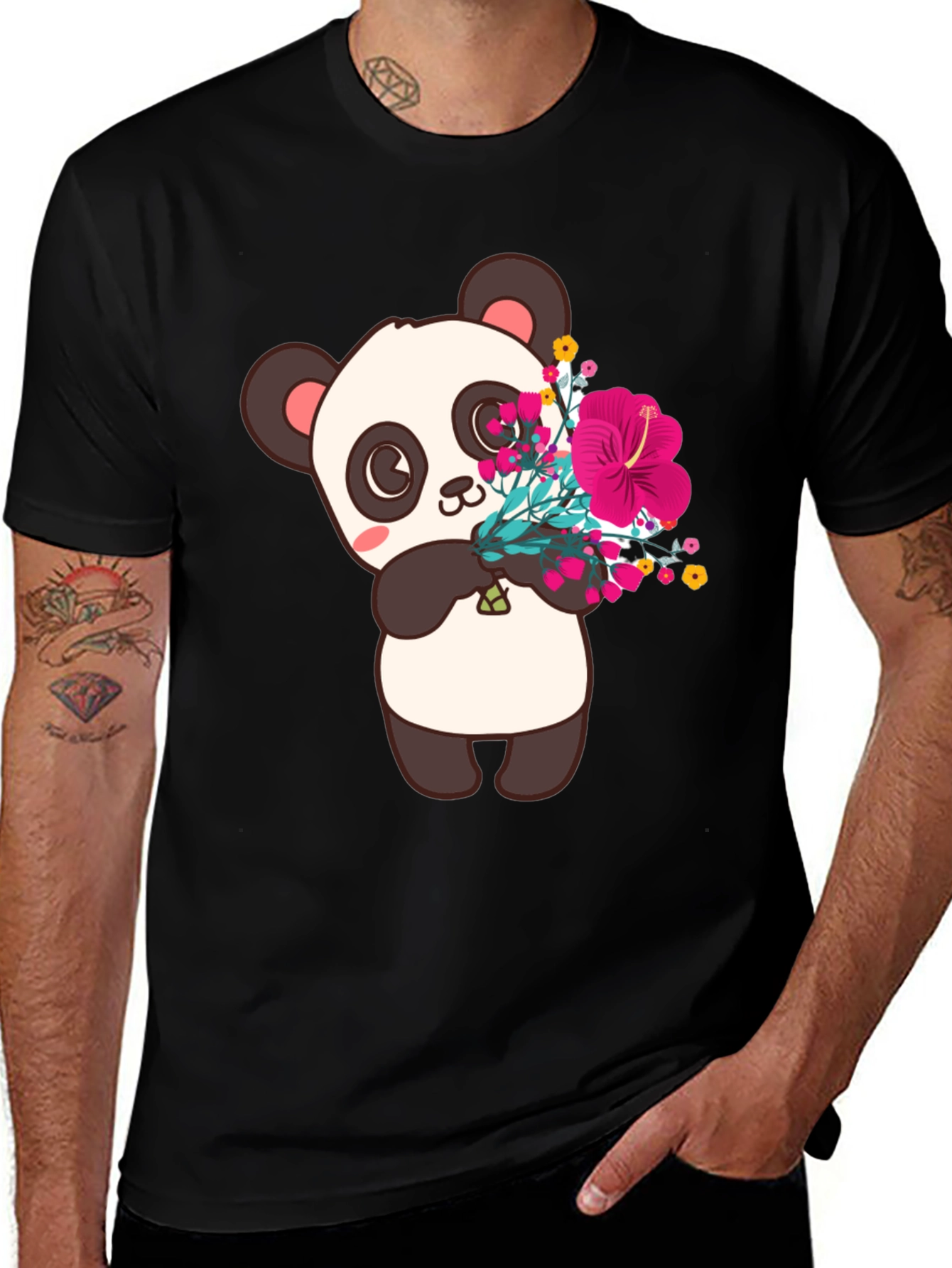 Variant 15 of Panda with Flowers Graphic Tee - Black