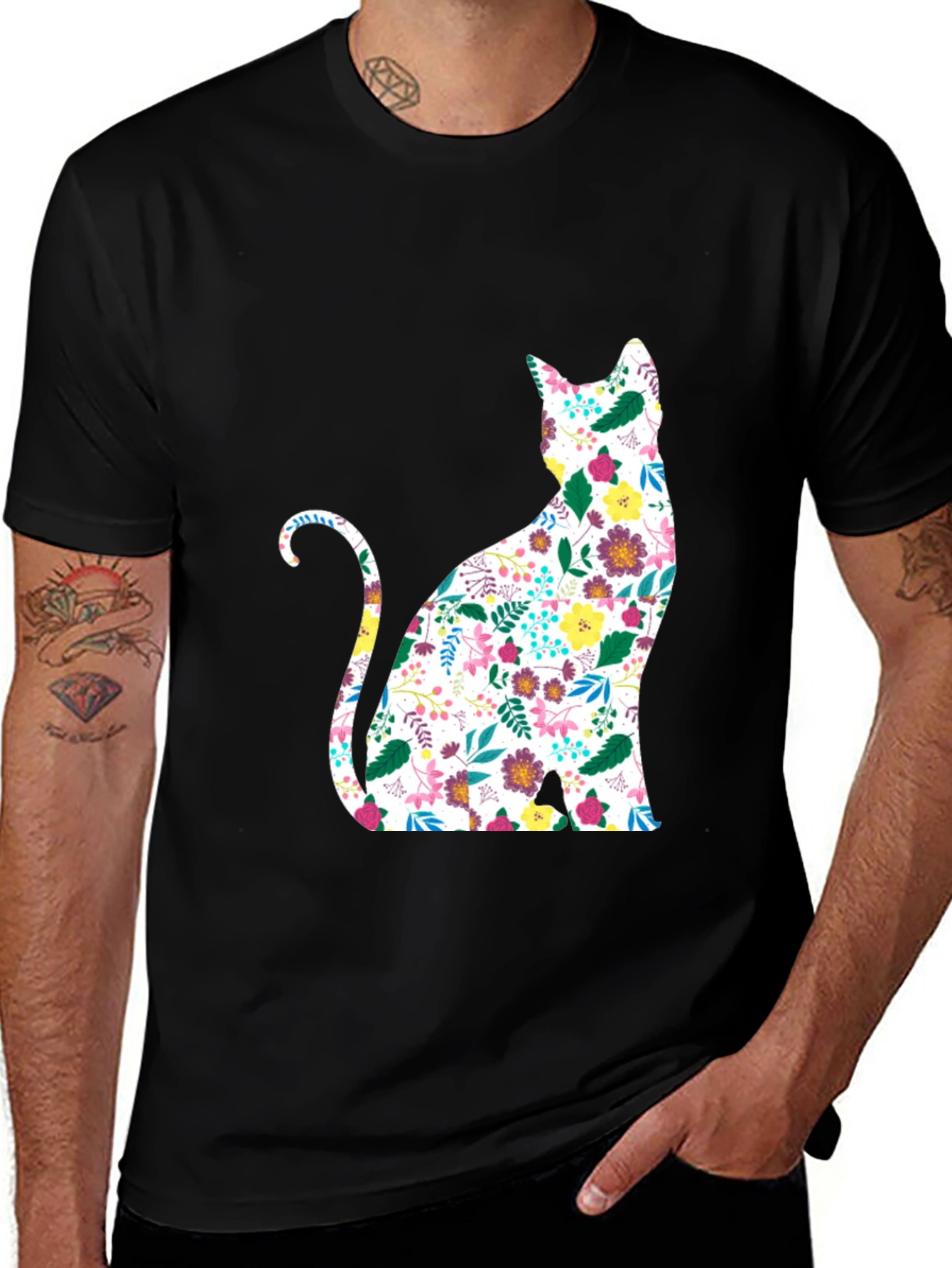 Variant 19 of Floral Cat Graphic Black T-Shirt