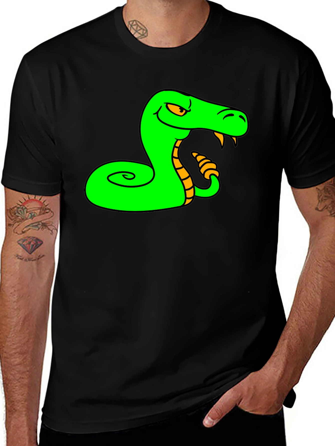 Variant 18 of Green Snake Cartoon Graphic Black T-Shirt