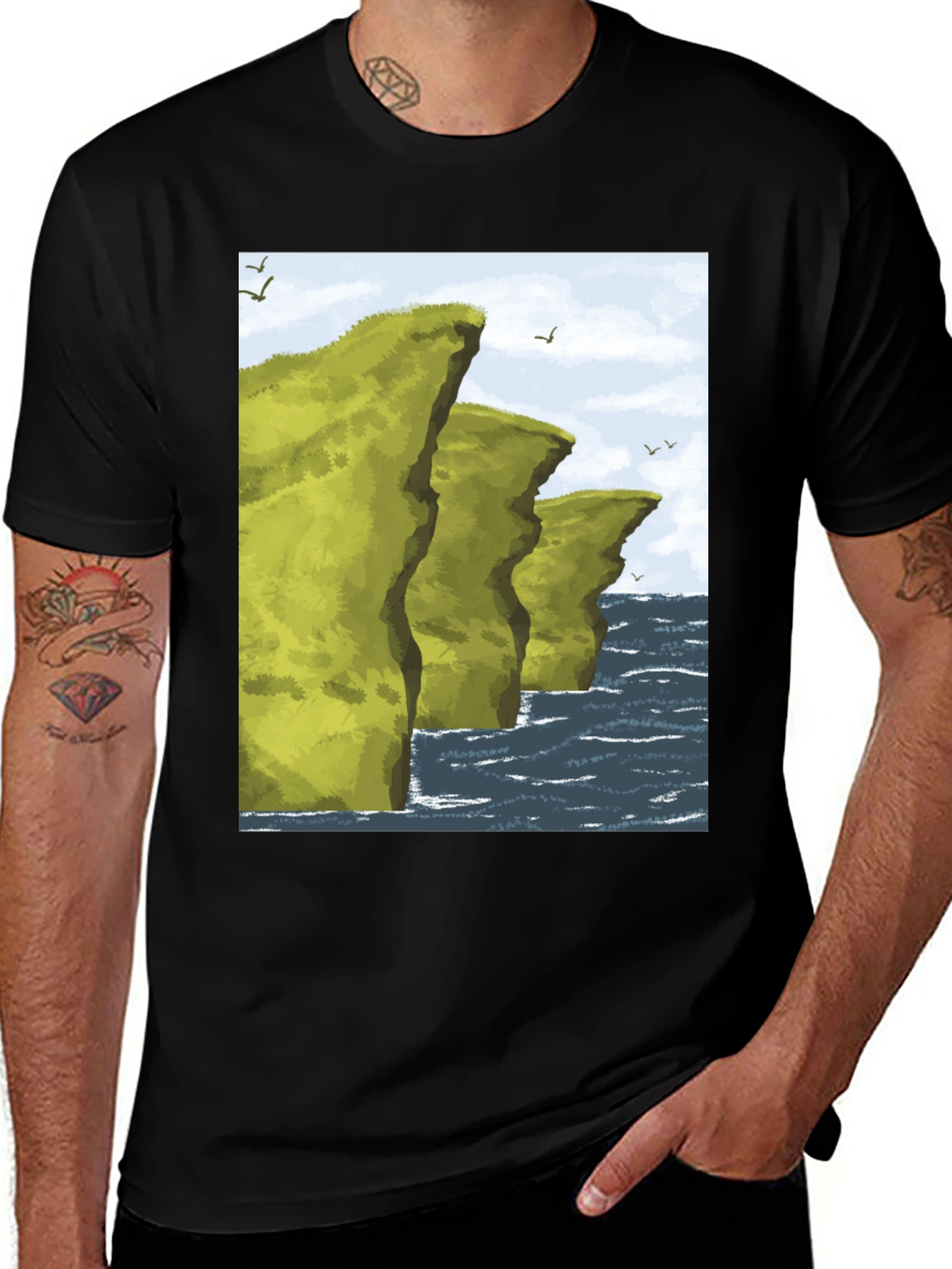 Variant 22 of Coastal Cliff Graphic Tee - Black Cotton T-Shirt