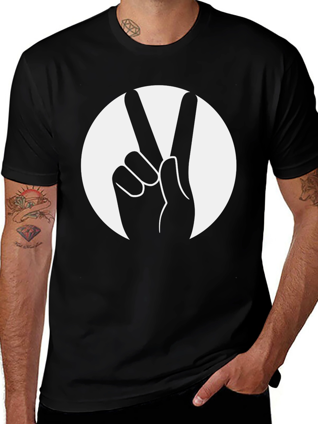 Variant 29 of Peace Sign Graphic T-Shirt - Black Cotton Blend
