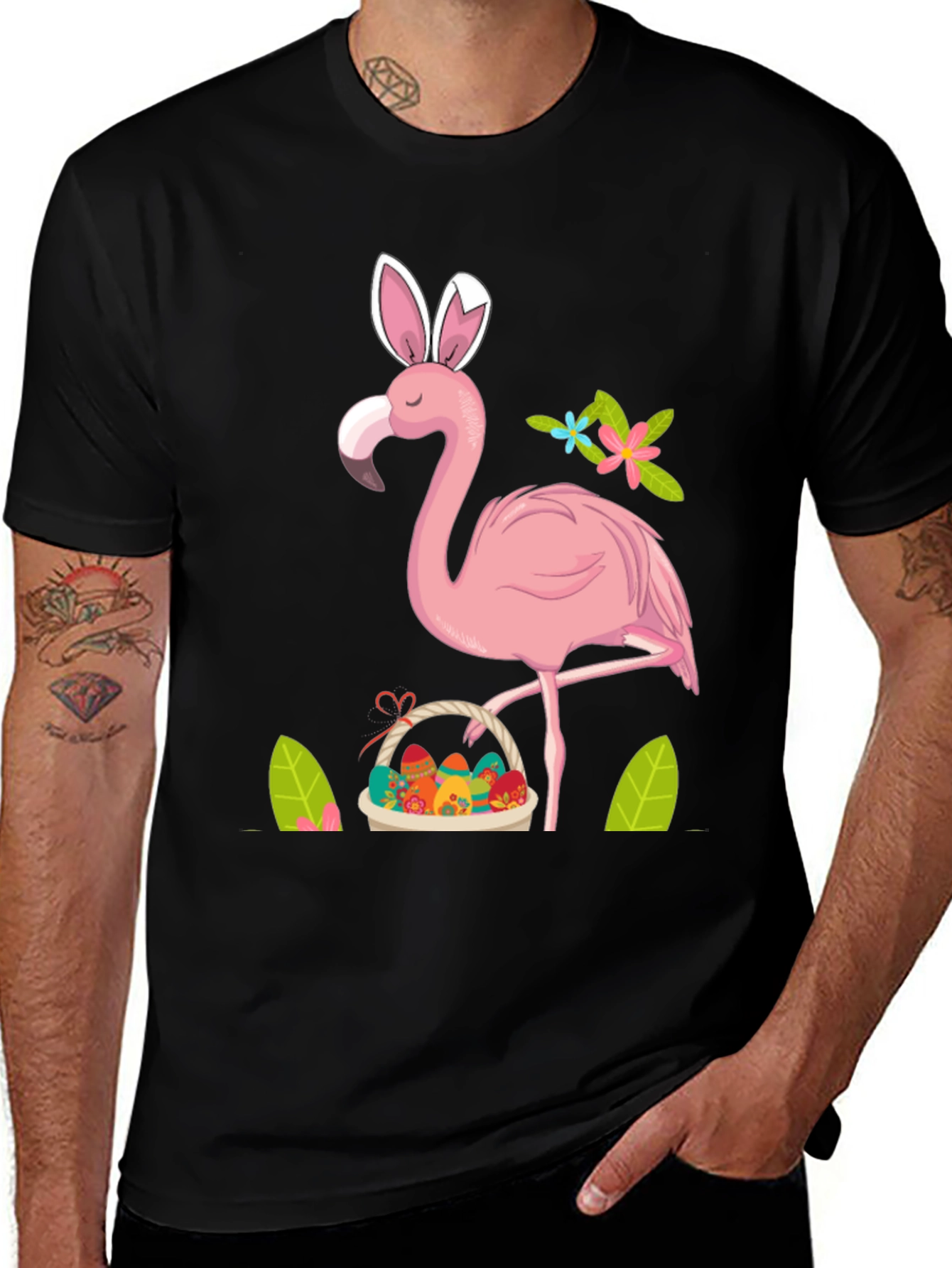 Easter Flamingo T-Shirt - Bunny Ears & Egg Basket!