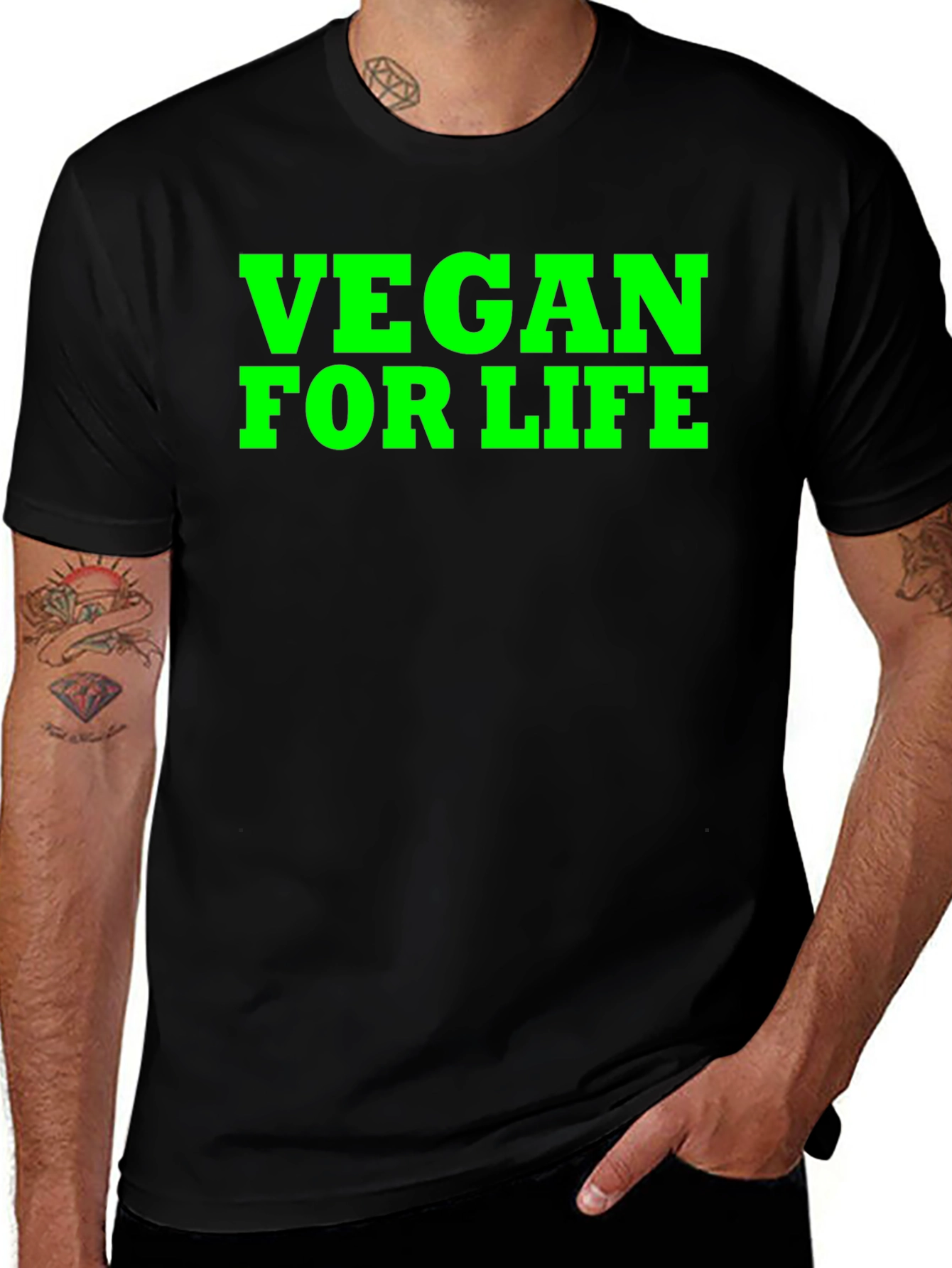 Variant 3 of Vegan For Life T-Shirt, Green Text on Black