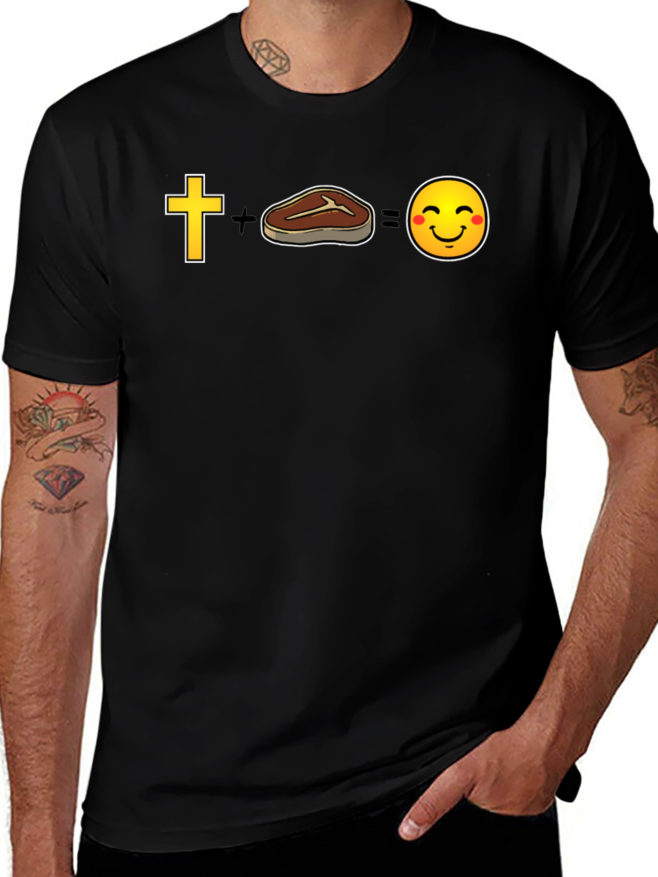 Variant 18 of Cross + Steak = Happy Face Funny Graphic T-Shirt
