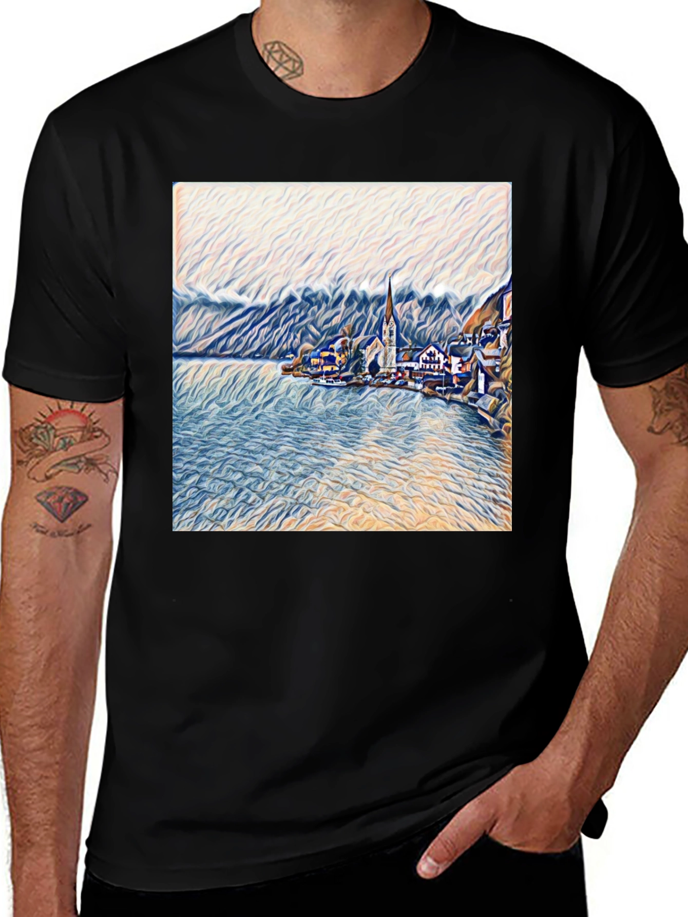 Variant 20 of Scenic Lakeside Village Art Print Black T-Shirt