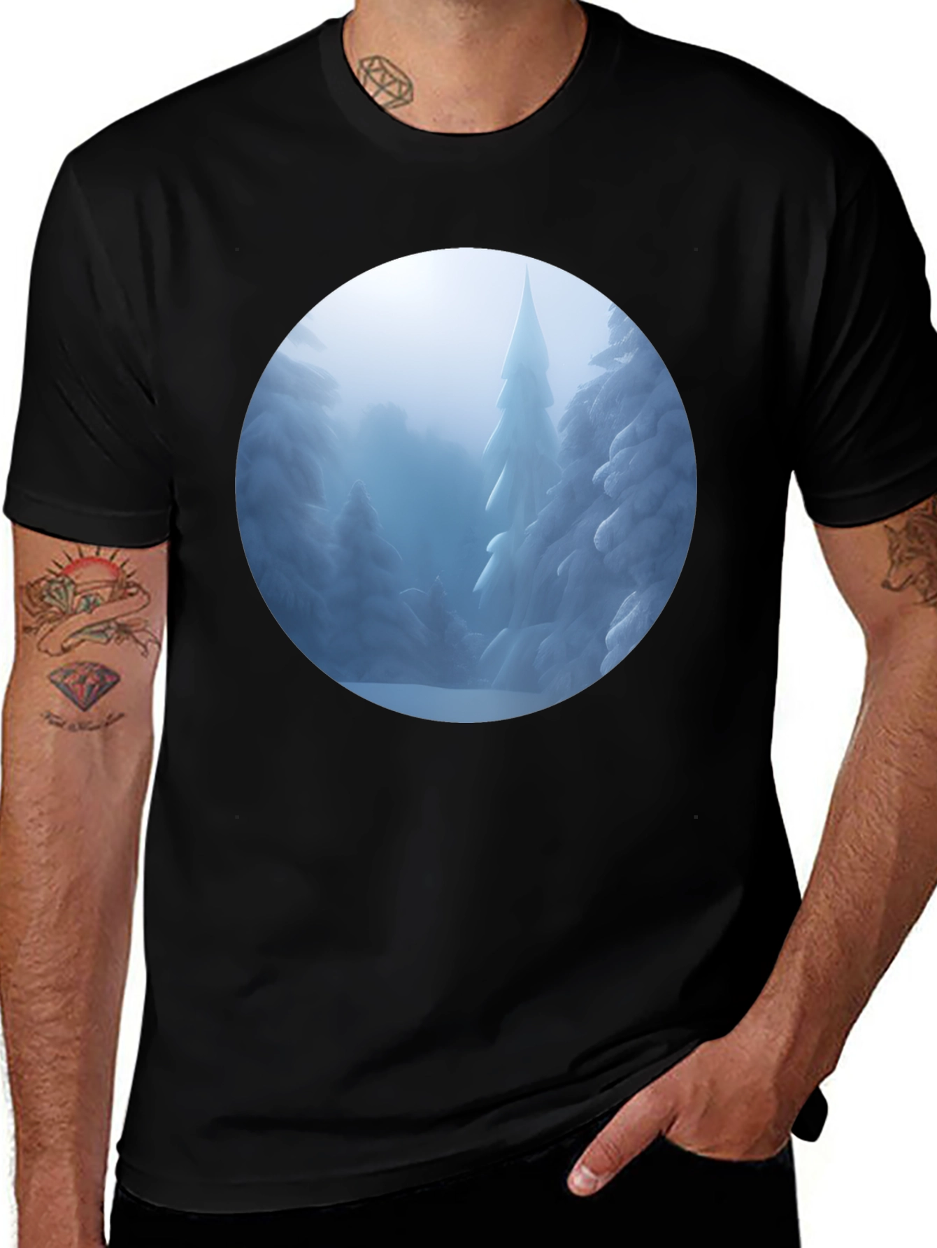 Black Winter Wonderland T-Shirt - Snowy Forest Scene main image
