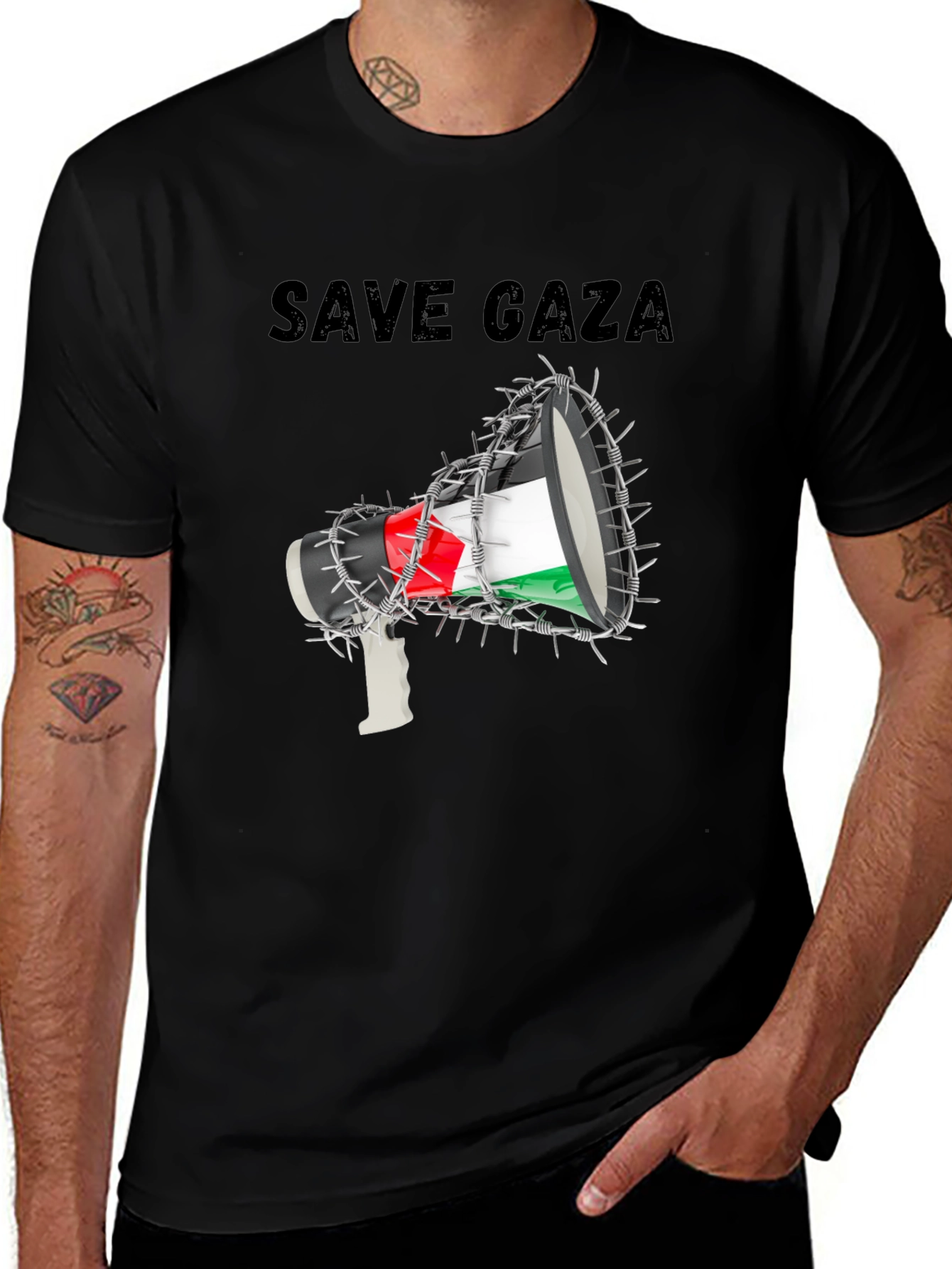 Save Gaza Graphic Tee - Barbed Wire Megaphone Design