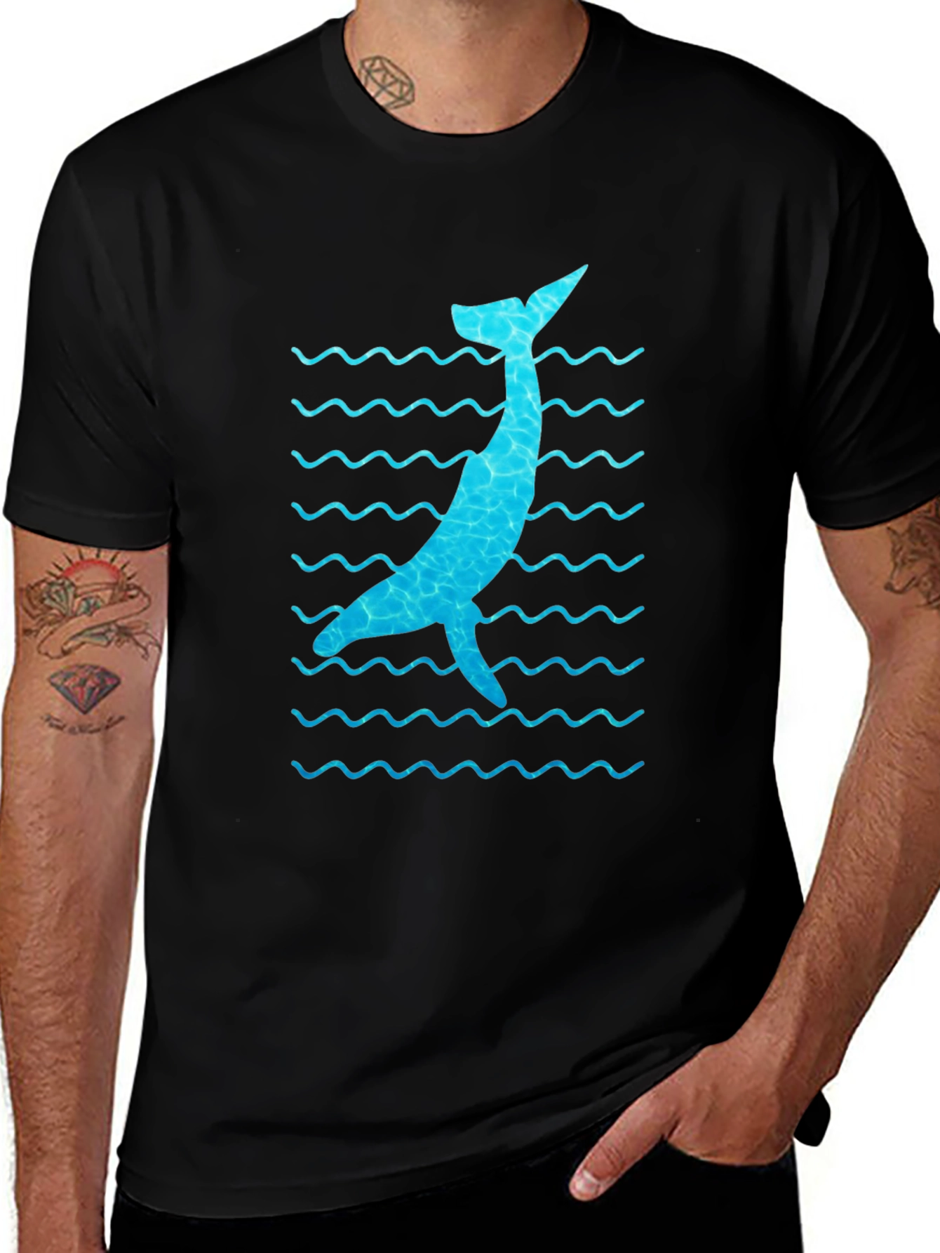 Variant 7 of Whale Wave Graphic Tee - Black Cotton Casual Shirt