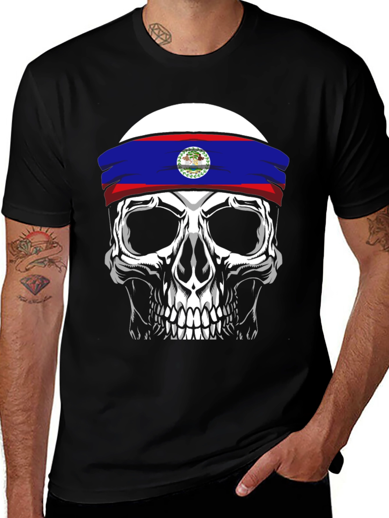 Black Skull Belize Flag Headband T-Shirt main image