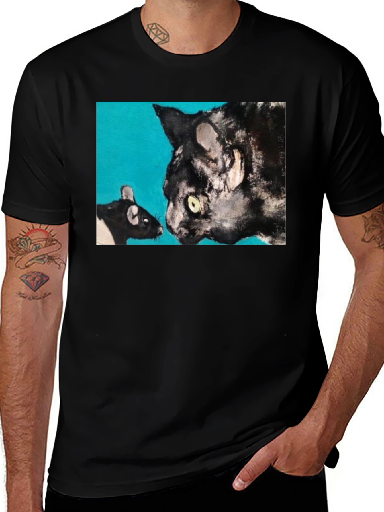 Cat and Mouse Art Graphic Black T-Shirt