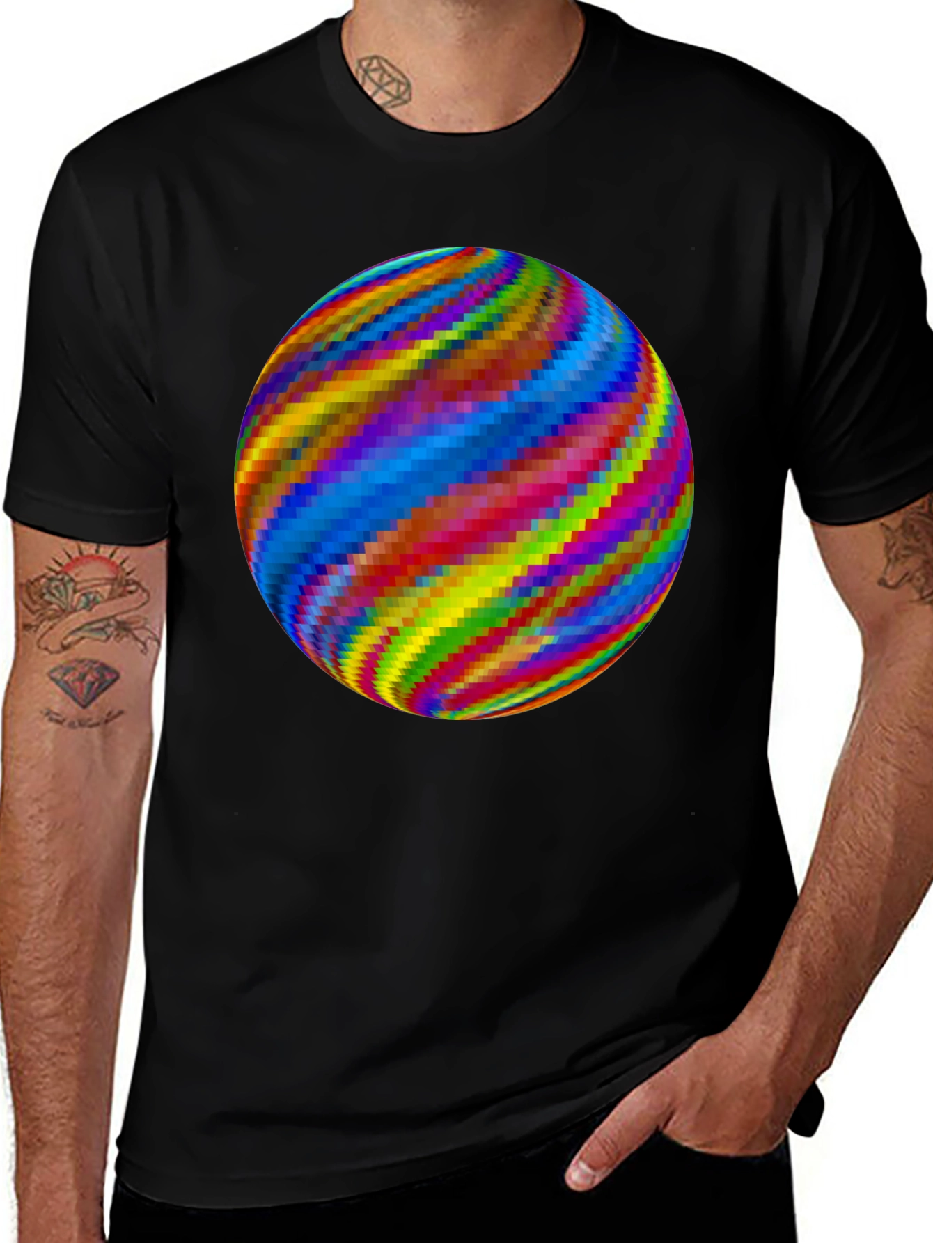 Variant 13 of Pixelated Rainbow Sphere Black T-Shirt