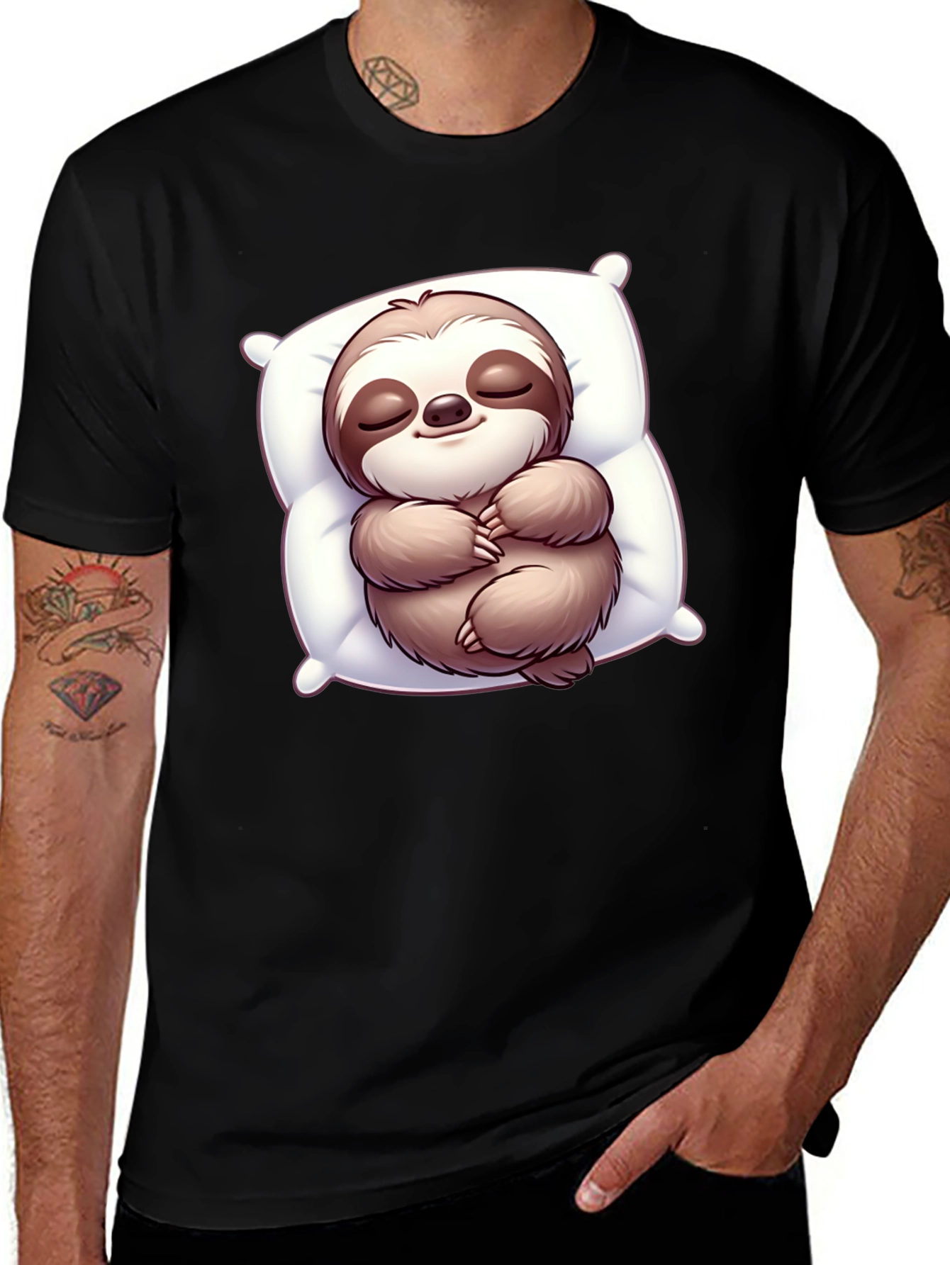 Variant 14 of Cute Sloth Sleeping on Pillow Black T-Shirt