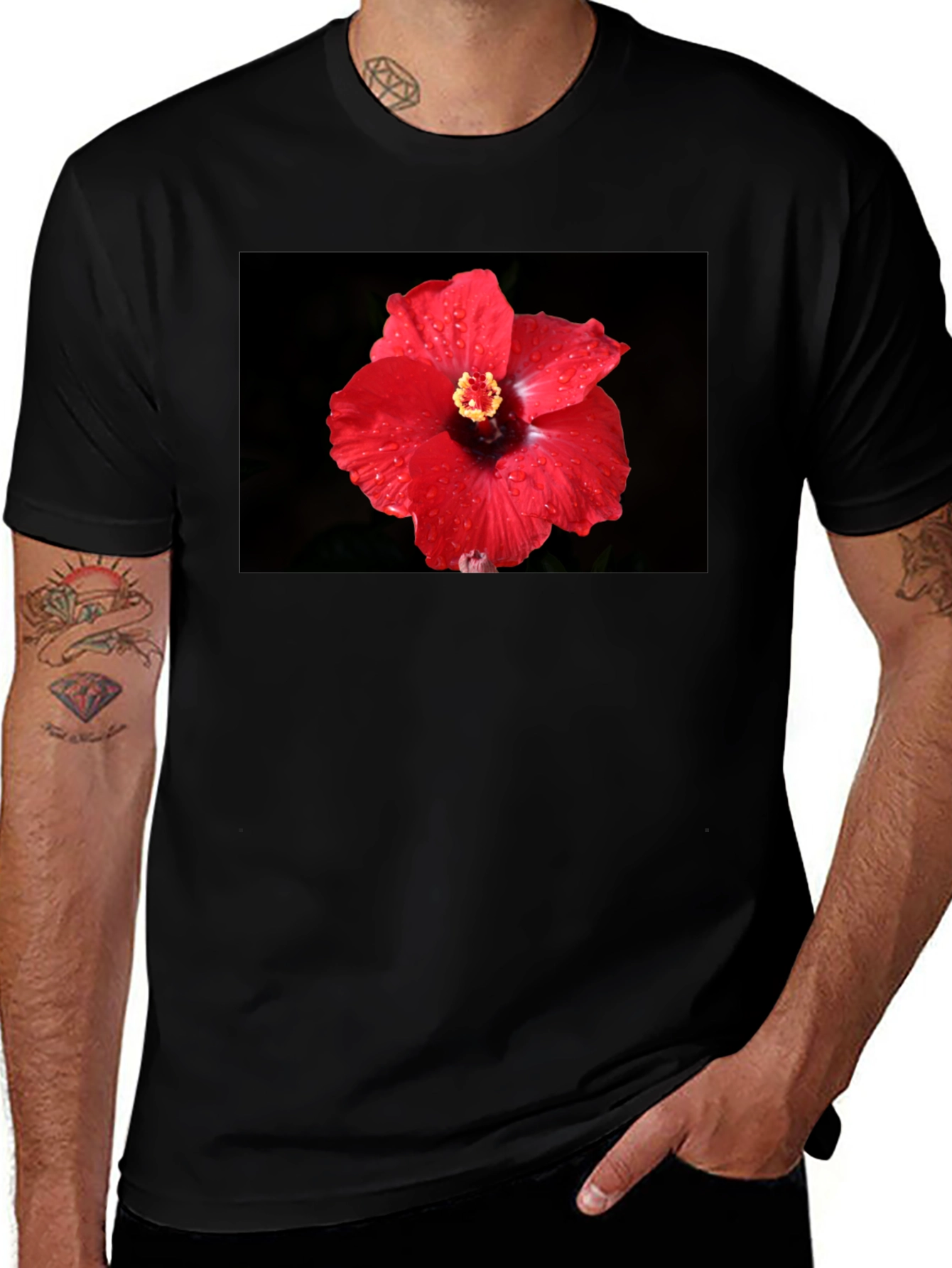 Variant 22 of Red Hibiscus Flower T-Shirt - Black
