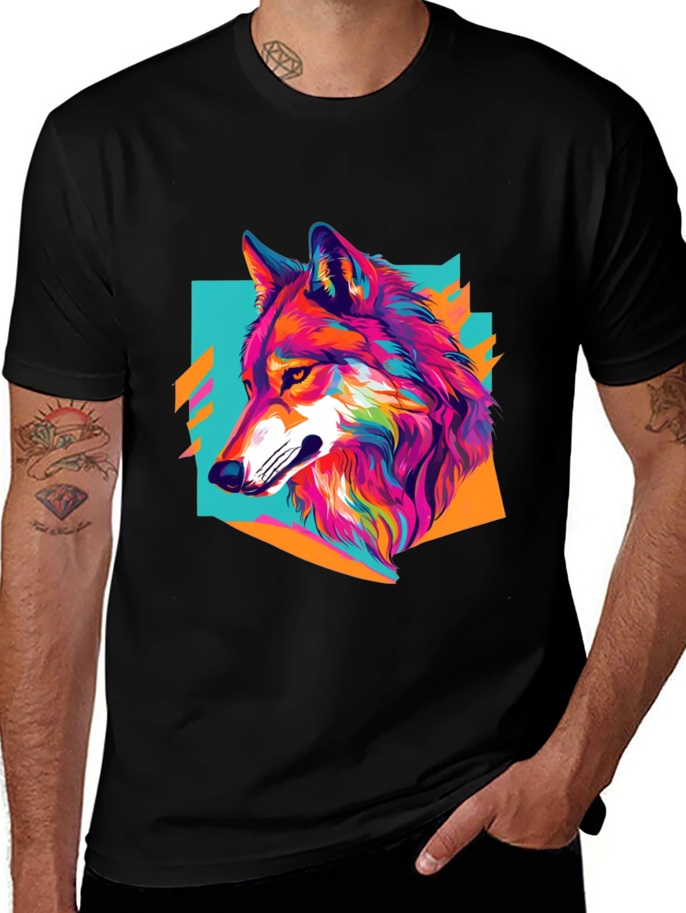 Variant 19 of Vibrant Wolf Graphic Tee - Black Cotton Blend Shirt