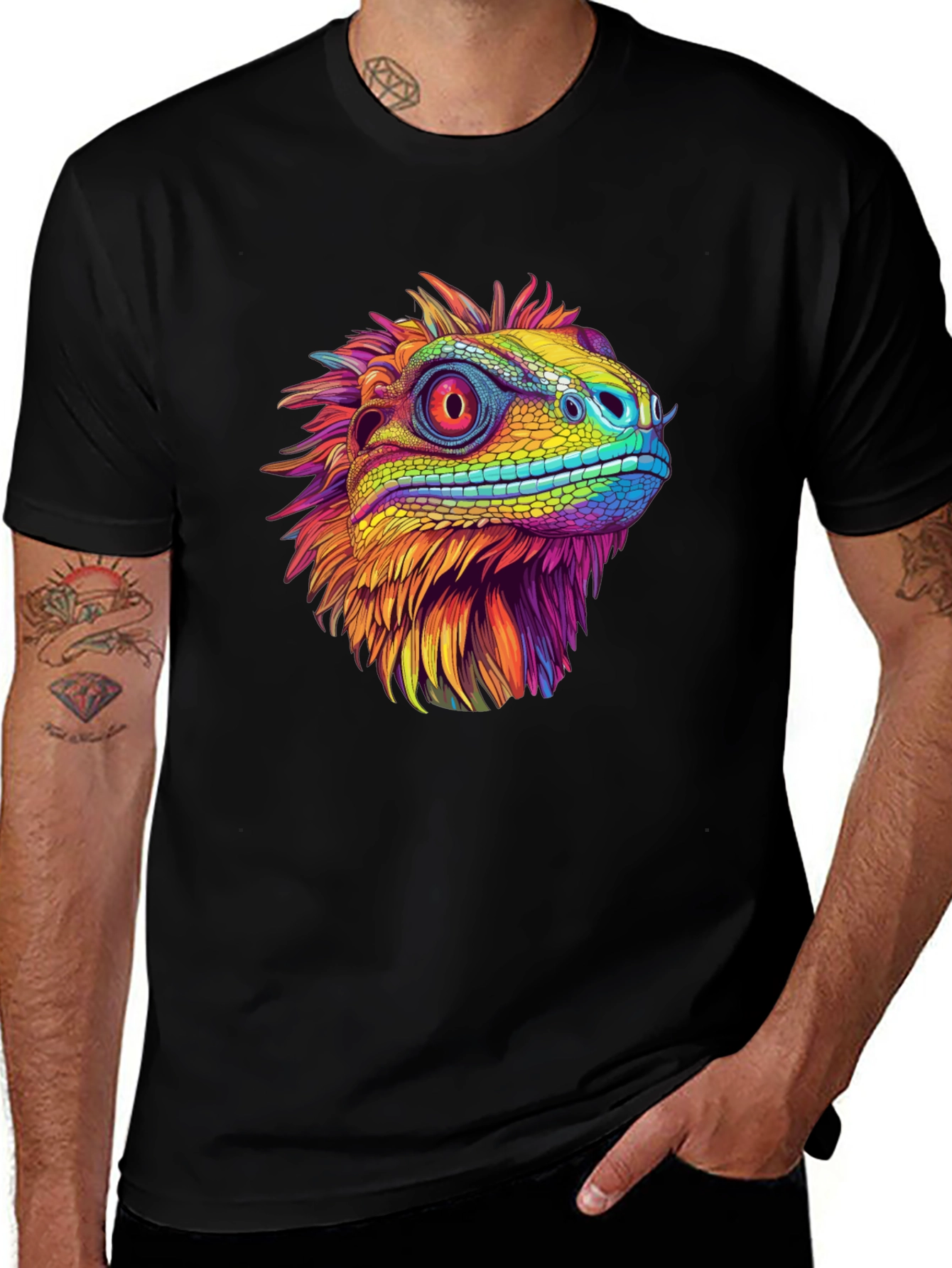 Variant 18 of Vibrant Iguana Graphic Tee - Men's Black T-Shirt