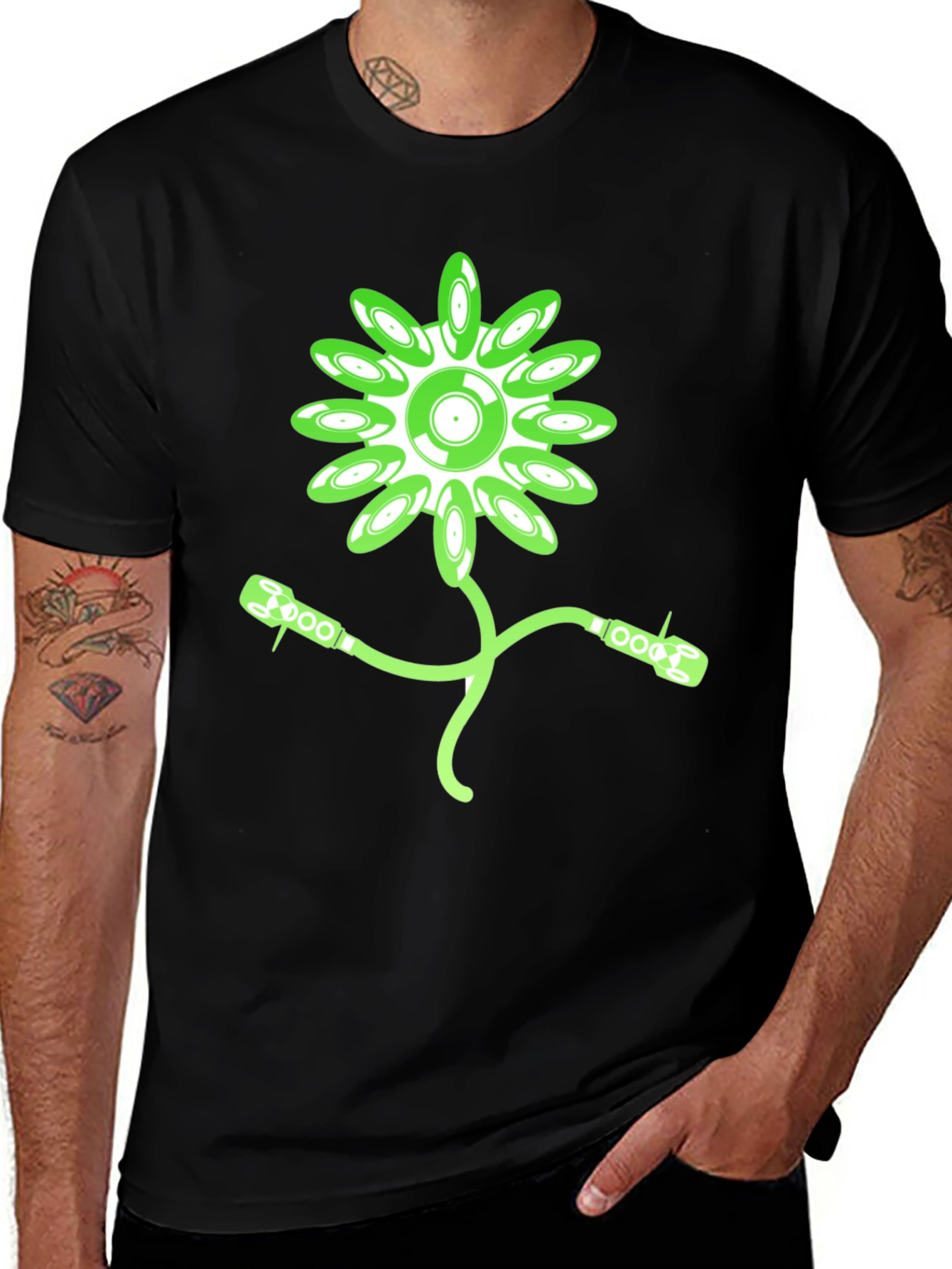 Variant 24 of Groovy Record Flower Graphic Tee - Black Cotton T-Shirt