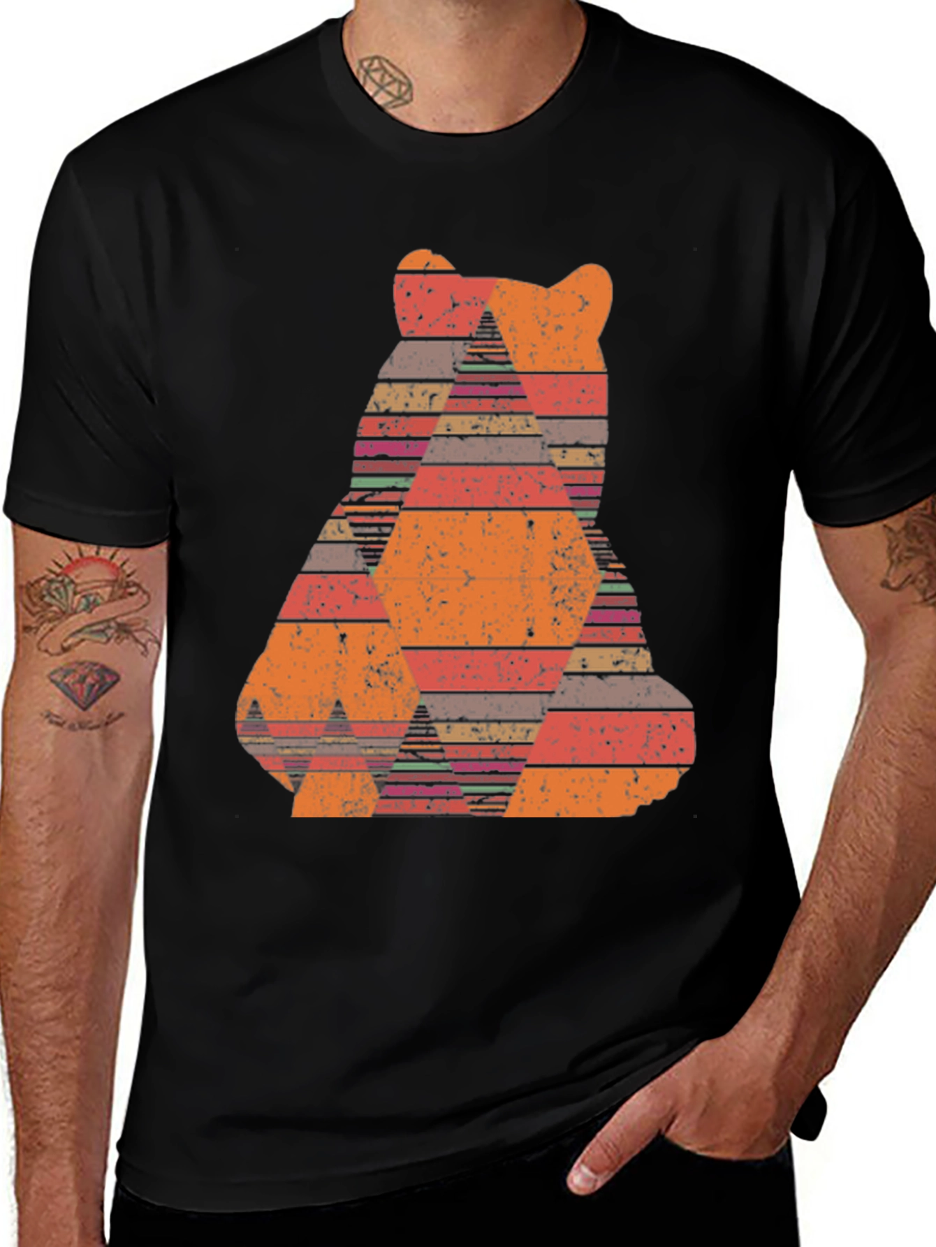 Variant 27 of Retro Bear Graphic Tee - Unique Striped Design