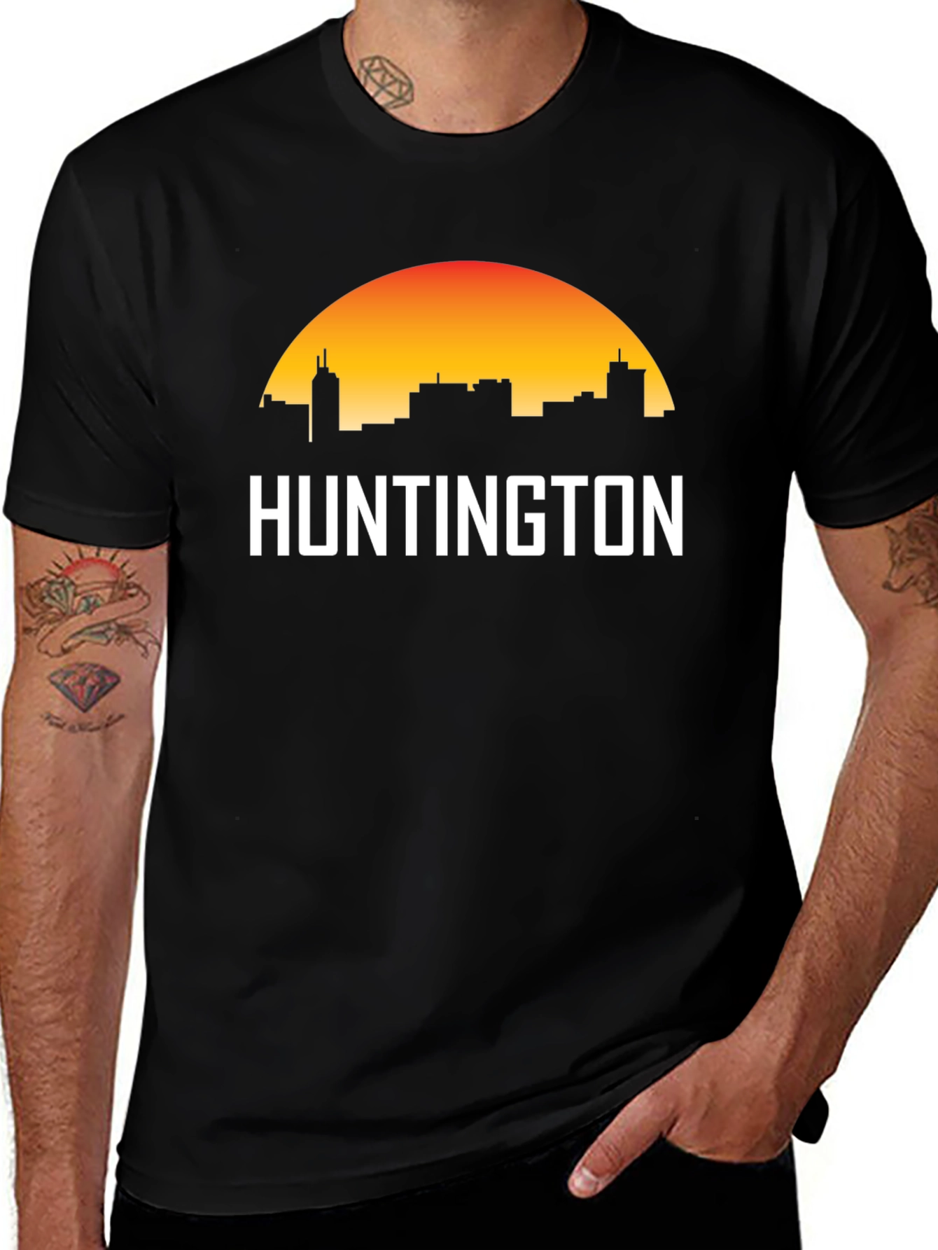 Black Huntington City Skyline T-Shirt - Sunset Graphic Tee main image