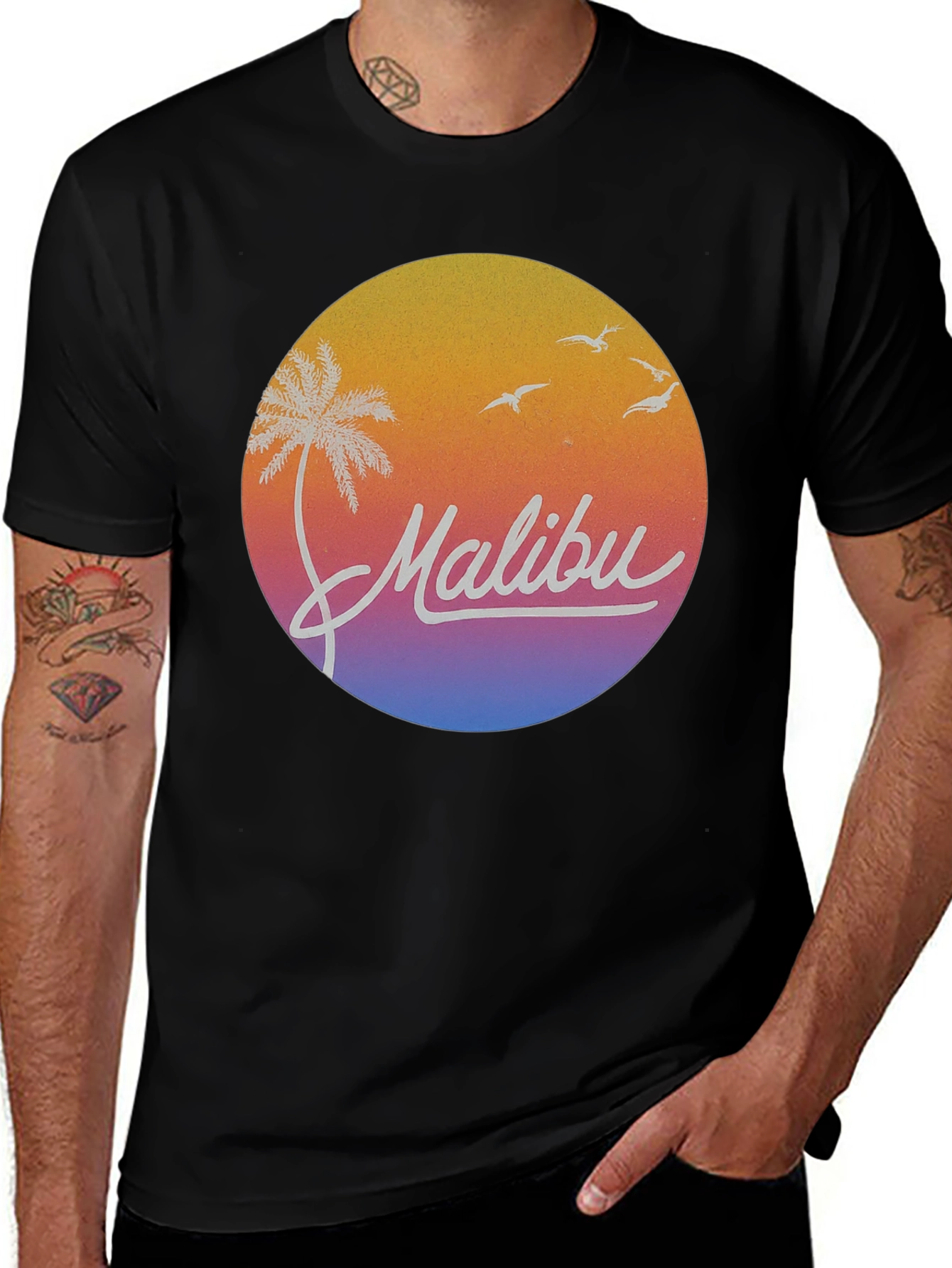 Malibu Sunset Palm Tree Graphic Tee - Soft Black Cotton T-Shirt