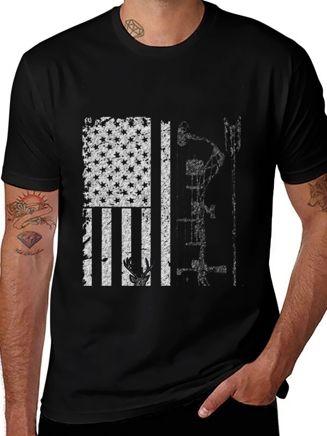 American Flag Deer Bow Hunting T-Shirt