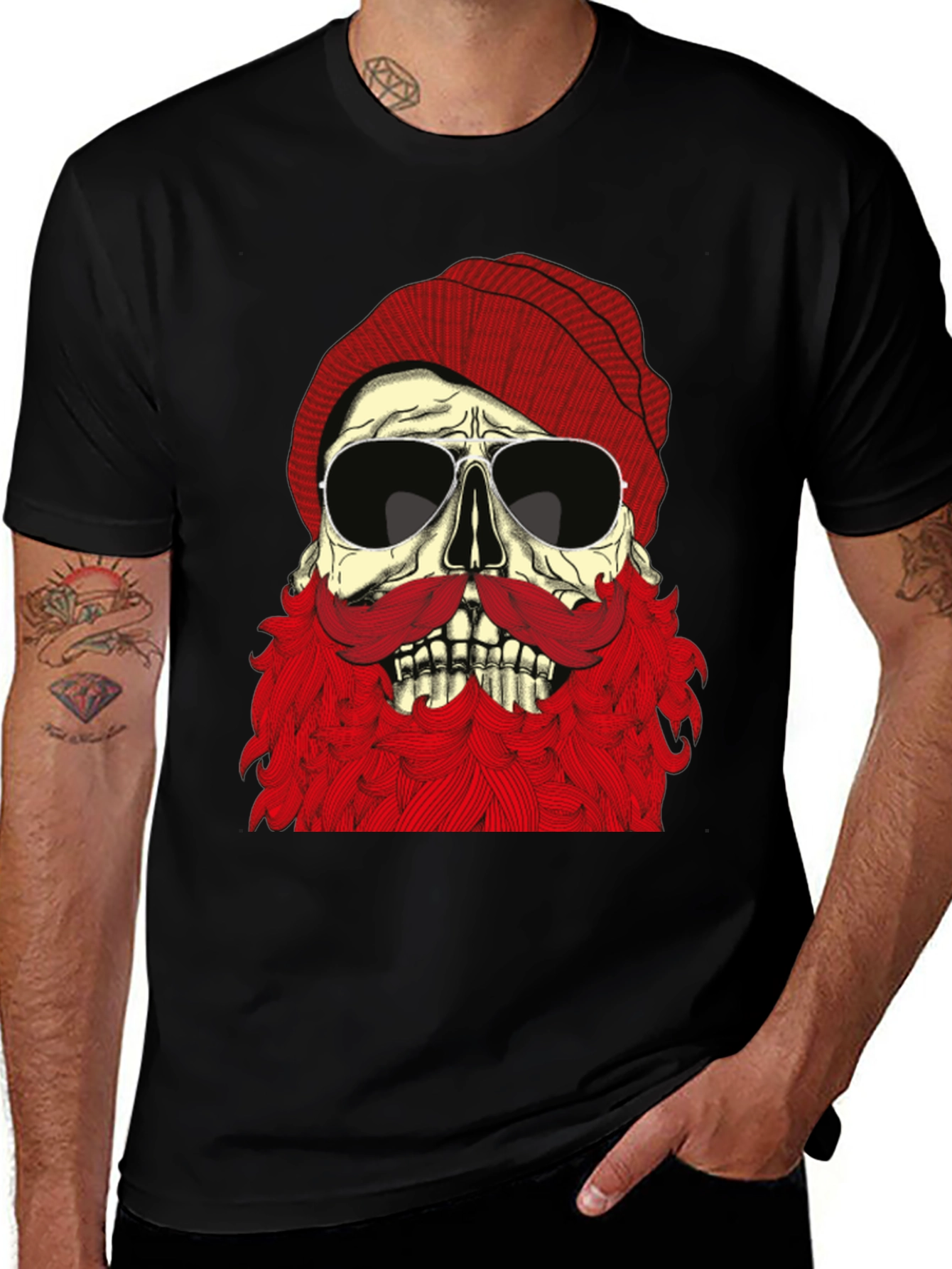 Variant 18 of Skull with Red Beanie & Beard Graphic Tee - Black