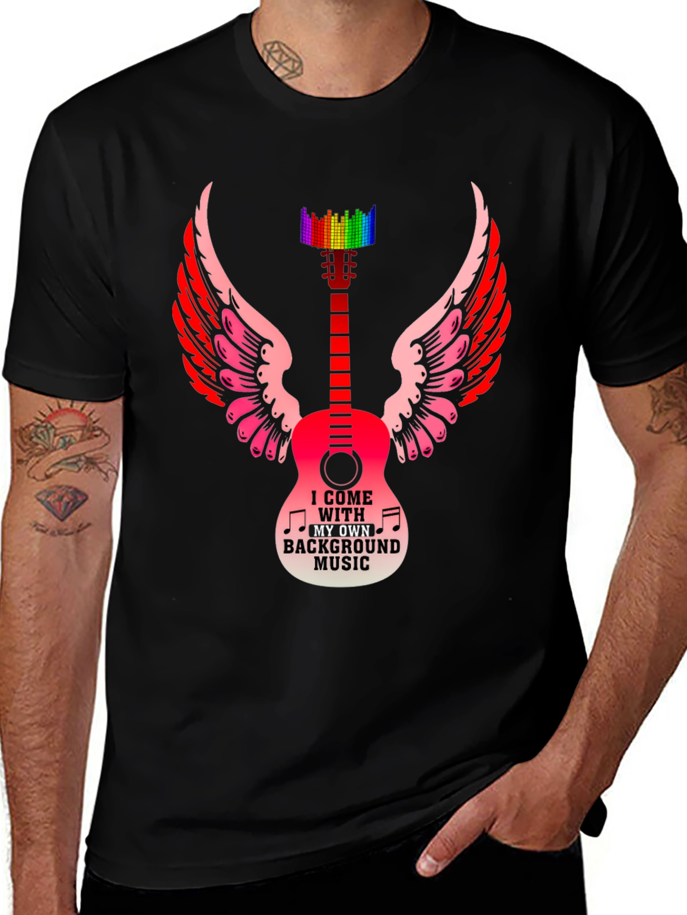 Variant 27 of Musical Wings T-Shirt - Guitar & Rainbow Equalizer Design